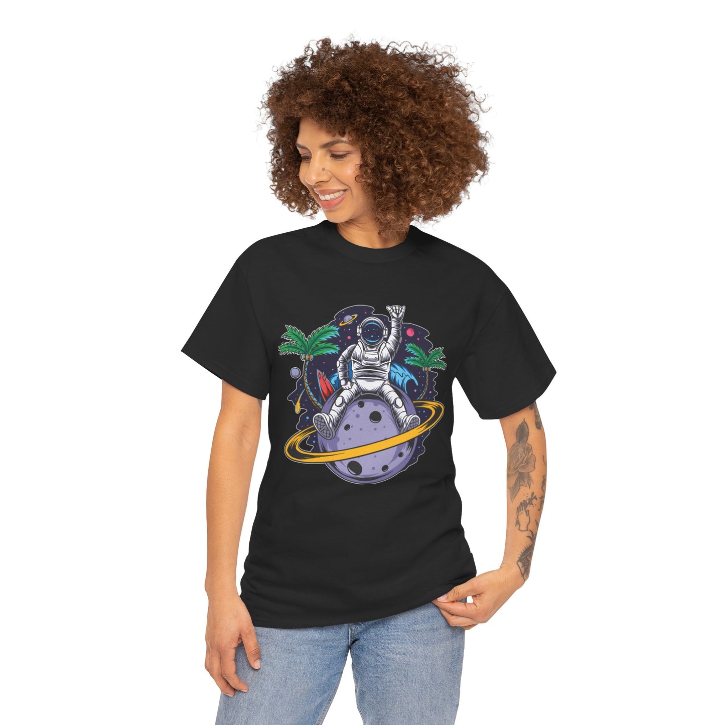 Cosmic Adventure, Unisex Heavy Cotton Tee - Astronaut & Planet Design, graphic design, png, art