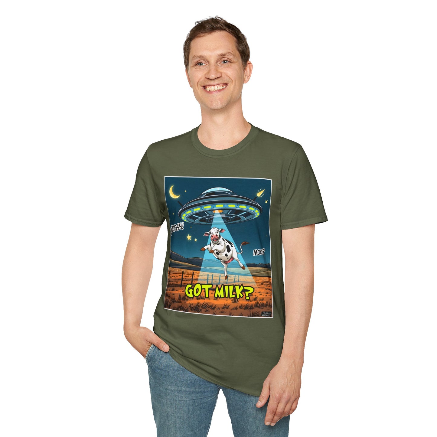 Got Milk? Cow UFO Unisex Softstyle T-Shirt – Fun Graphic Tee for Dairy Lovers, graphic tees, t-shirt, tshirt, graphic design, png