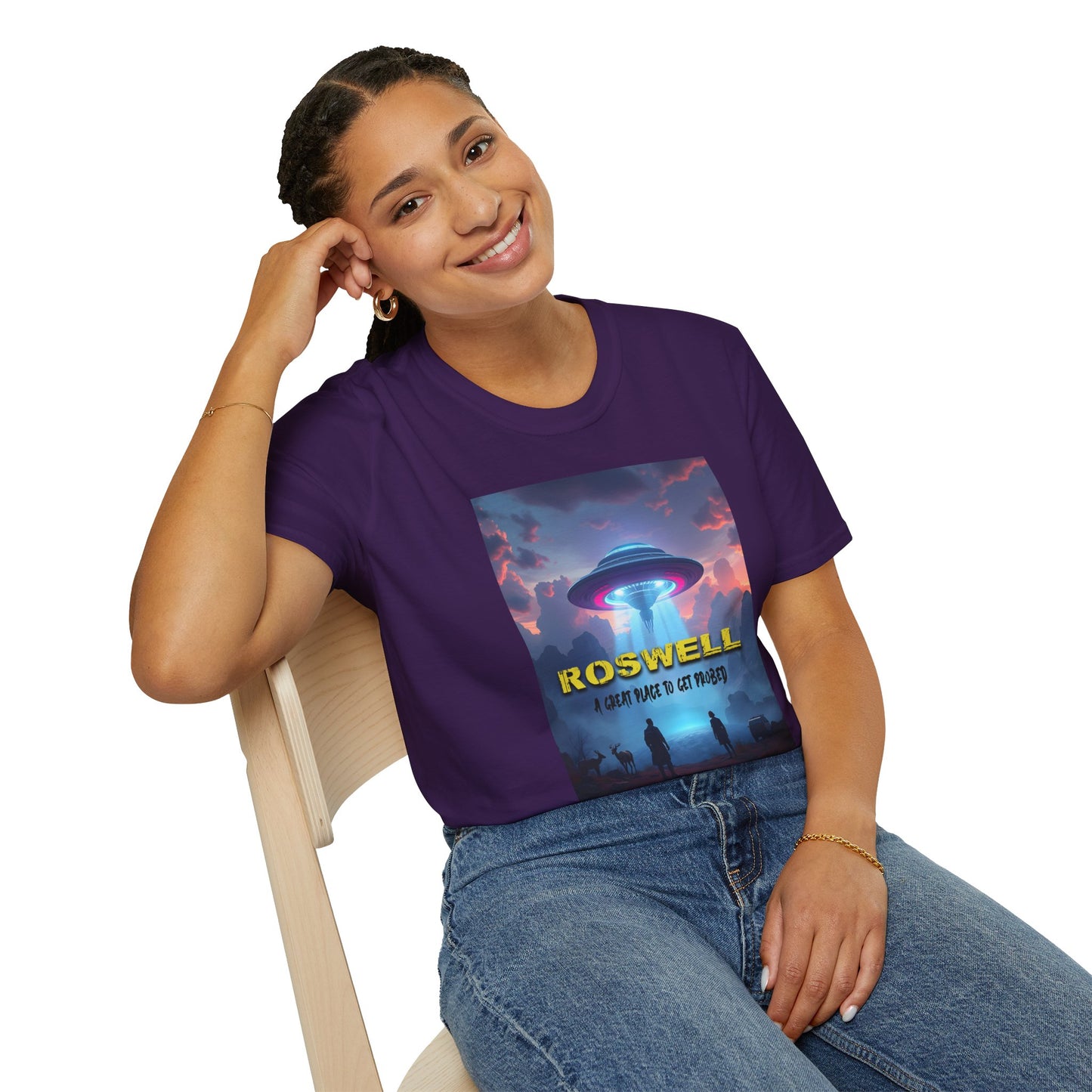 Roswell Probed Retro T-Shirt - Alien UFO Lover Gift, Sci-Fi Apparel, Extraterrestrial Tee, Unisex Softstyle Clothing, graphic design, png