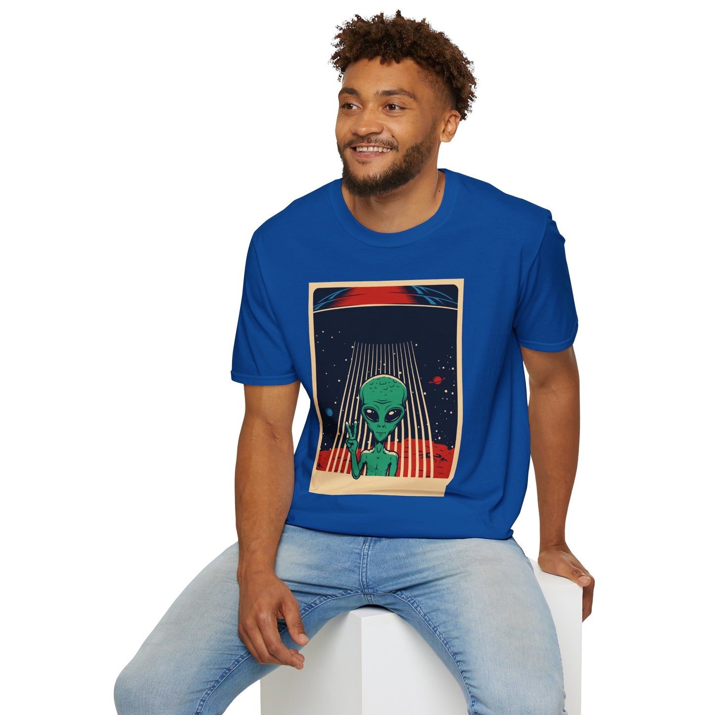 Cosmic Alien Peace Unisex Softstyle T-Shirt, Vintage UFO Tee, Space Lover Gift, Sci-Fi Fan Shirt, Trendy Graphic Tee, GraphicTees, t-shirts