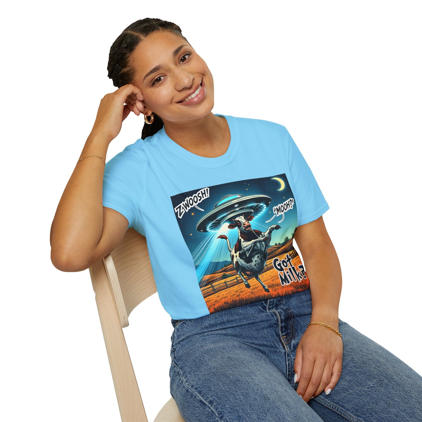 Funny Alien Cow T-Shirt - Got Milk? Unisex Soft style graphic Tee, UFO, galaxies, space, Blackhole, graphic design, png, sublimation