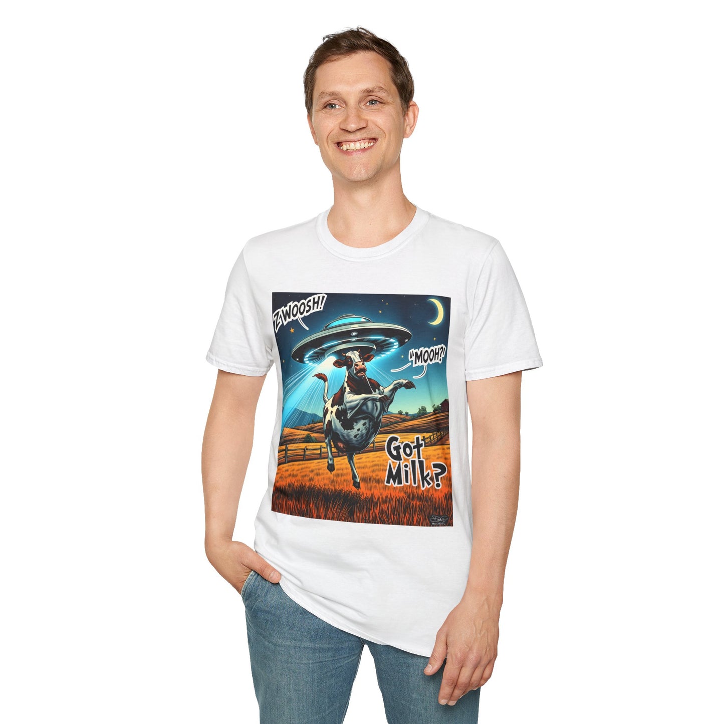 Funny Alien Cow T-Shirt - Got Milk? Unisex Soft style graphic Tee, UFO, galaxies, space, Blackhole, graphic design, png, sublimation