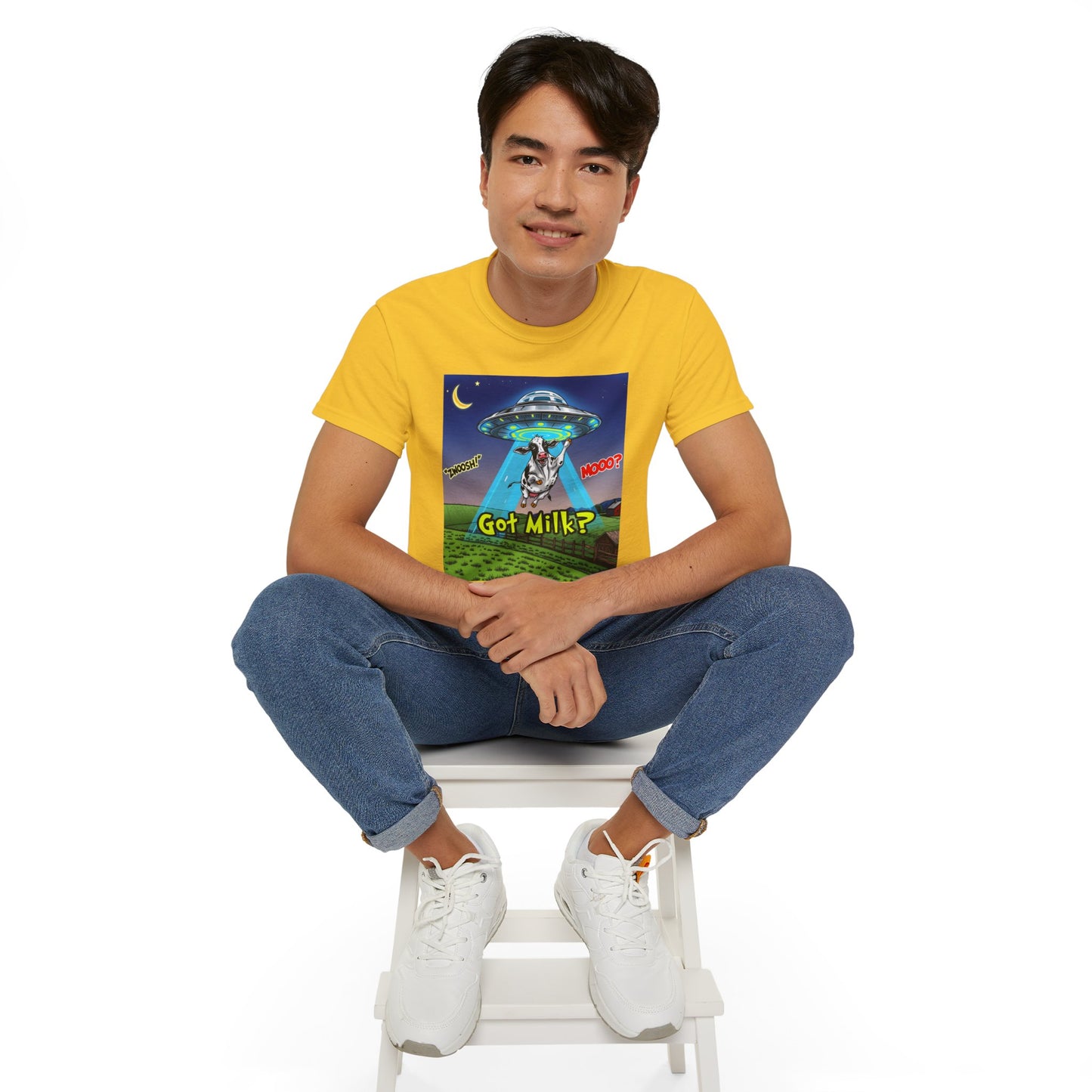 Got Milk? Funny Unisex Ultra Cotton Tee - Humorous Cow and UFO Design, graphic tee, t-shirts, tshirt, png, sublimation