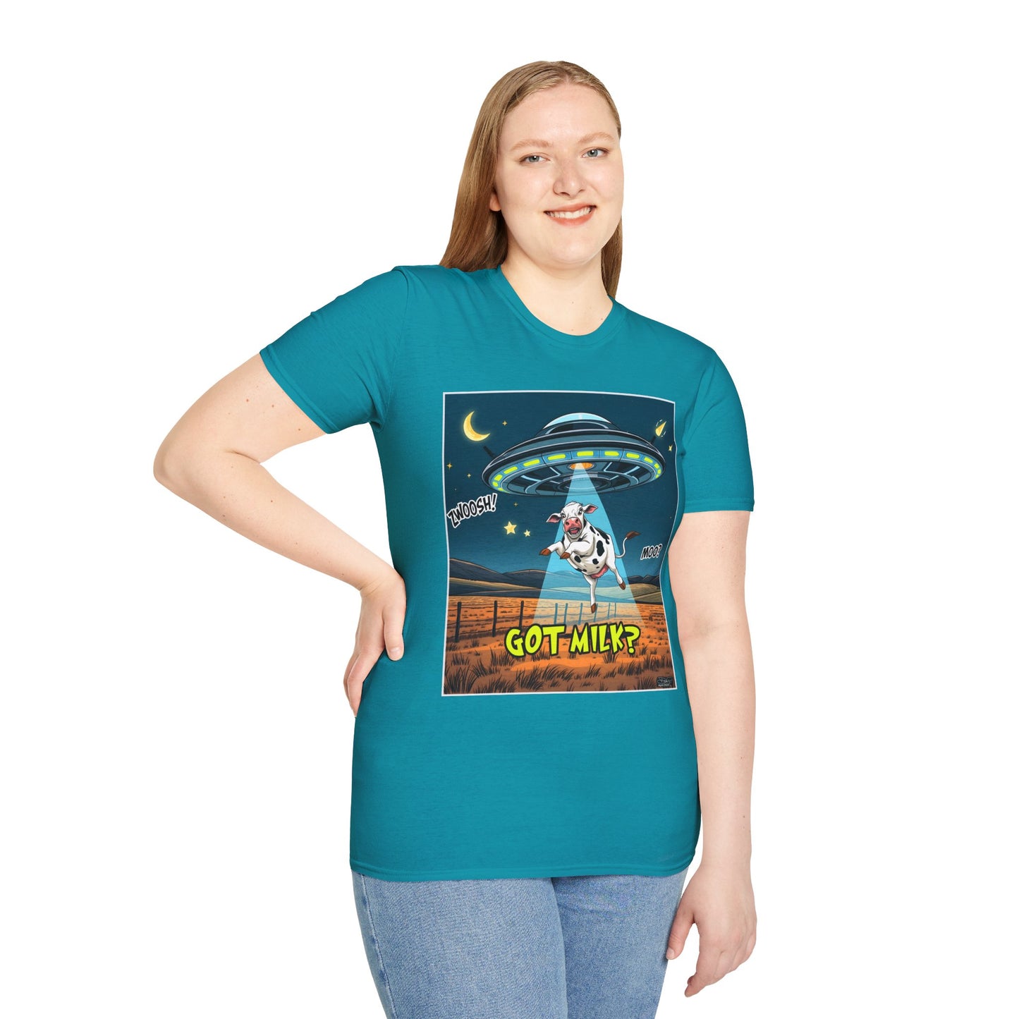 Got Milk? Cow UFO Unisex Softstyle T-Shirt – Fun Graphic Tee for Dairy Lovers, graphic tees, t-shirt, tshirt, graphic design, png