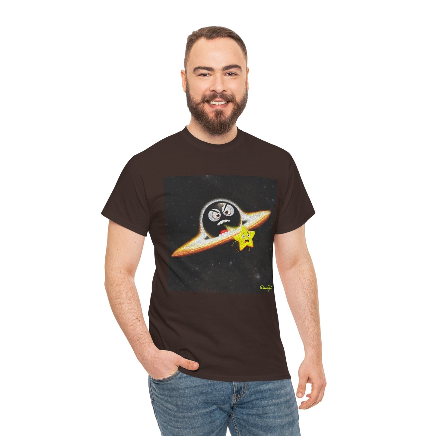 BlackHole Chasing Star, Space-Themed Unisex Heavy Cotton Tee with Cartoon Penguin Design, graphic design, png