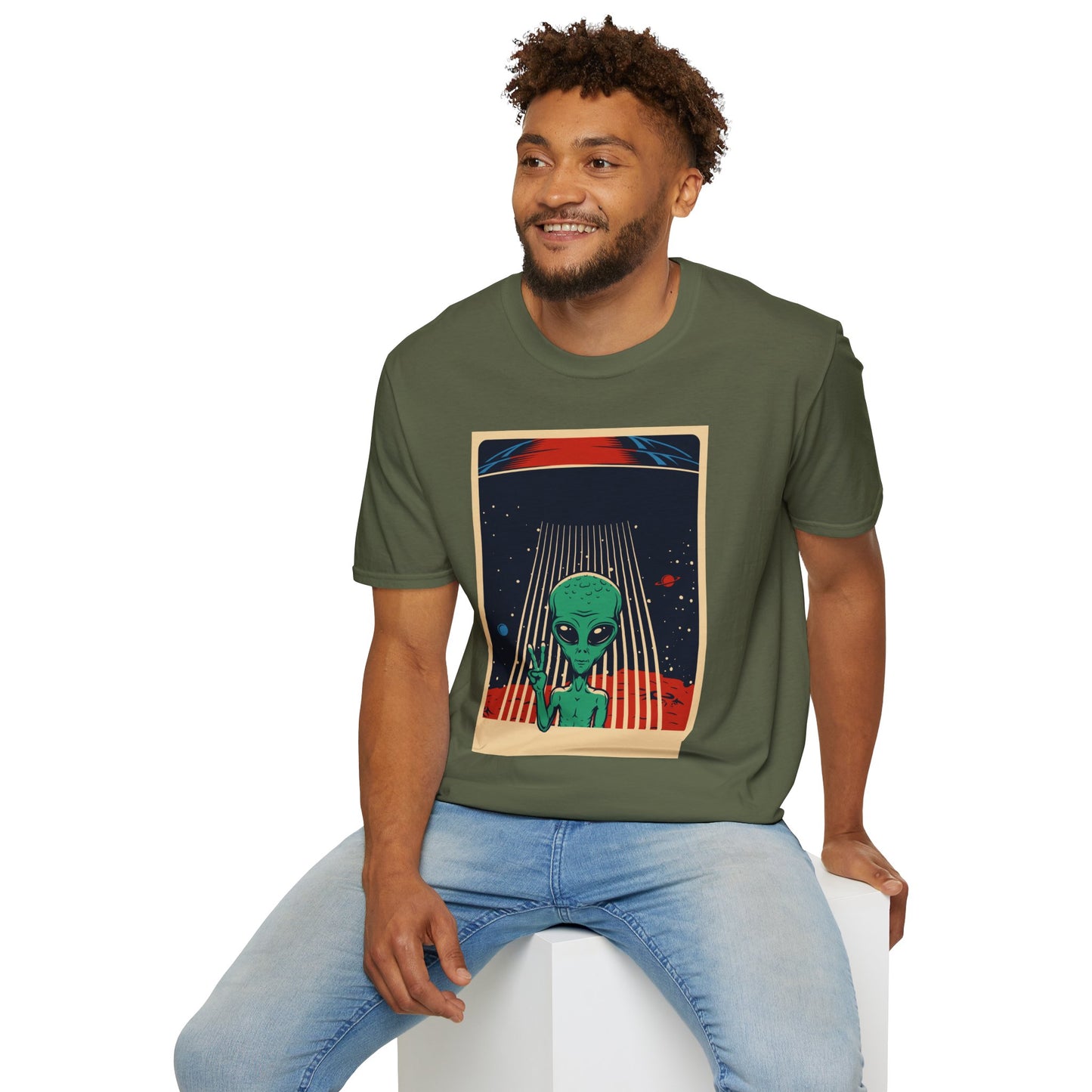 Cosmic Alien Peace Unisex Softstyle T-Shirt, Vintage UFO Tee, Space Lover Gift, Sci-Fi Fan Shirt, Trendy Graphic Tee, GraphicTees, t-shirts