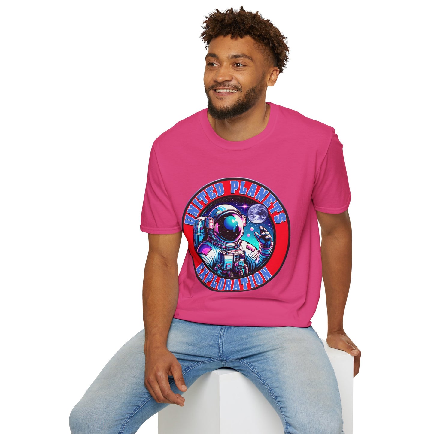 United Planets Exploration Astronaut T-Shirt, Science Themed Tee, Outer Space Shirt for Gift, Birthday, Unisex Softstyle Apparel