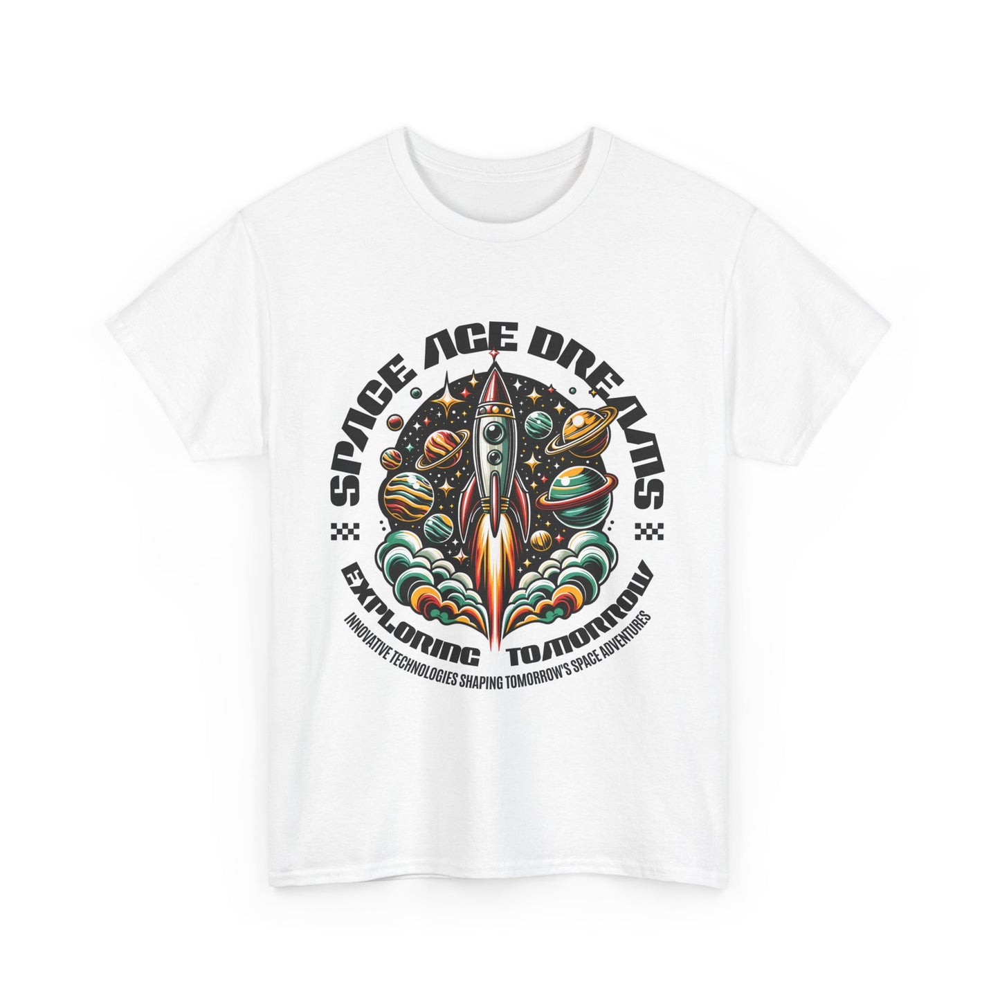 Space Age Dreams, Unisex Heavy Cotton Tee - Retro Rocket Design for Space Lovers, graphic design, png