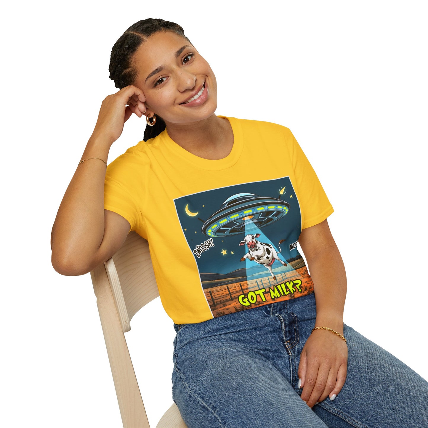 Got Milk? Cow UFO Unisex Softstyle T-Shirt – Fun Graphic Tee for Dairy Lovers, graphic tees, t-shirt, tshirt, graphic design, png