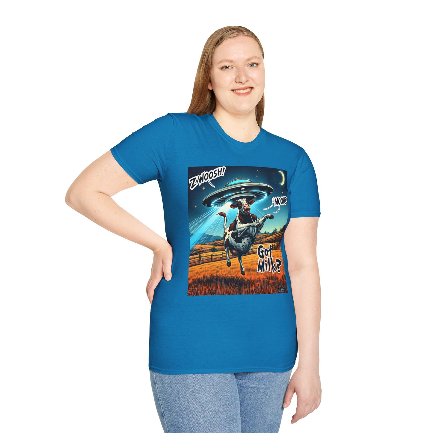 Funny Alien Cow T-Shirt - Got Milk? Unisex Soft style graphic Tee, UFO, galaxies, space, Blackhole, graphic design, png, sublimation