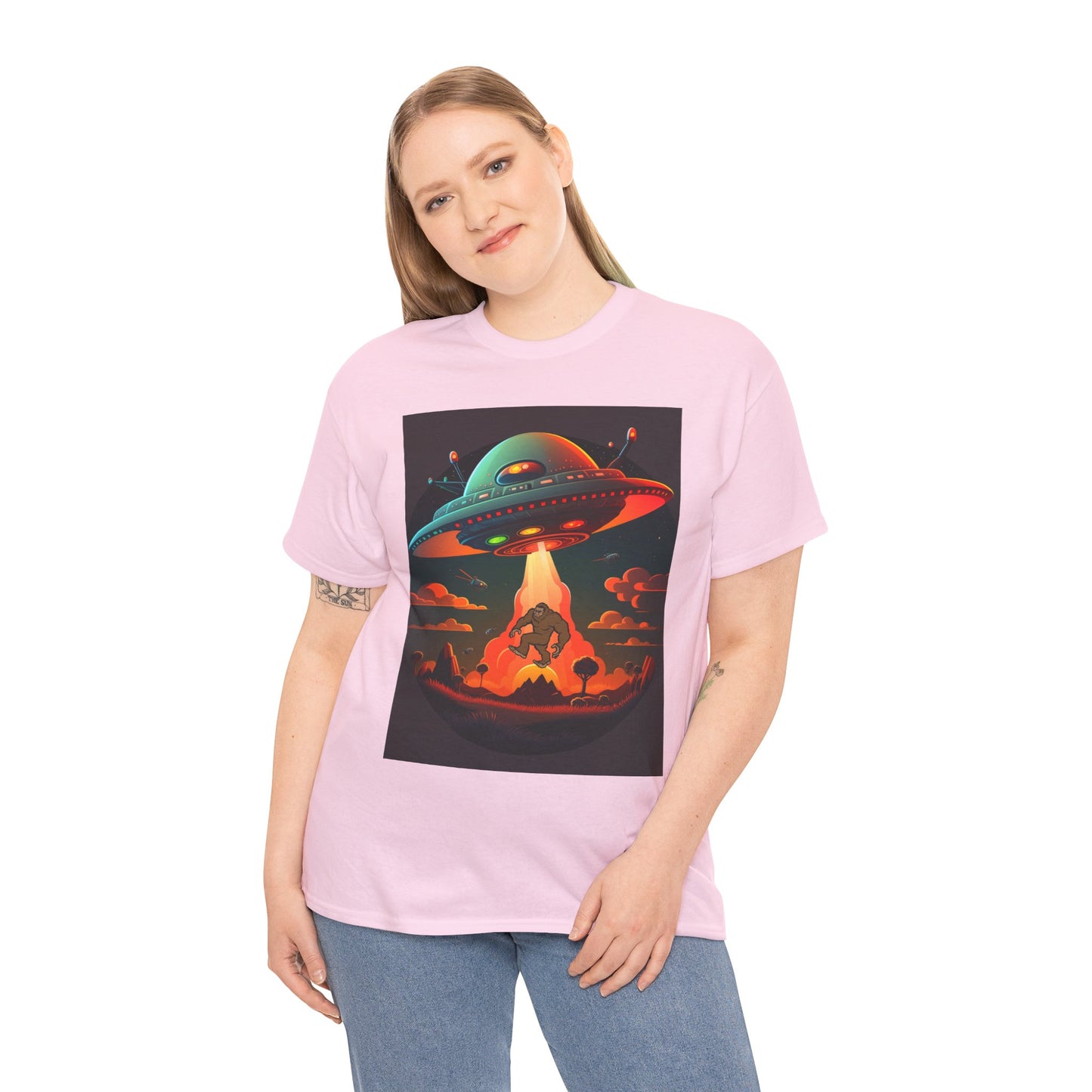 UFO, Bigfoot, Unisex Heavy Cotton Tee, graphic design, t-shirt, t-shirts, tshirts, png