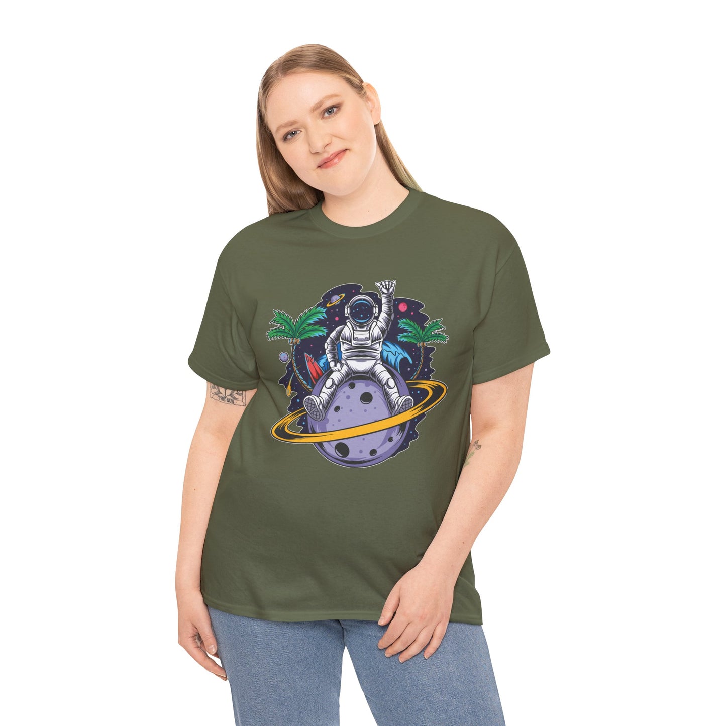 Cosmic Adventure, Unisex Heavy Cotton Tee - Astronaut & Planet Design, graphic design, png, art