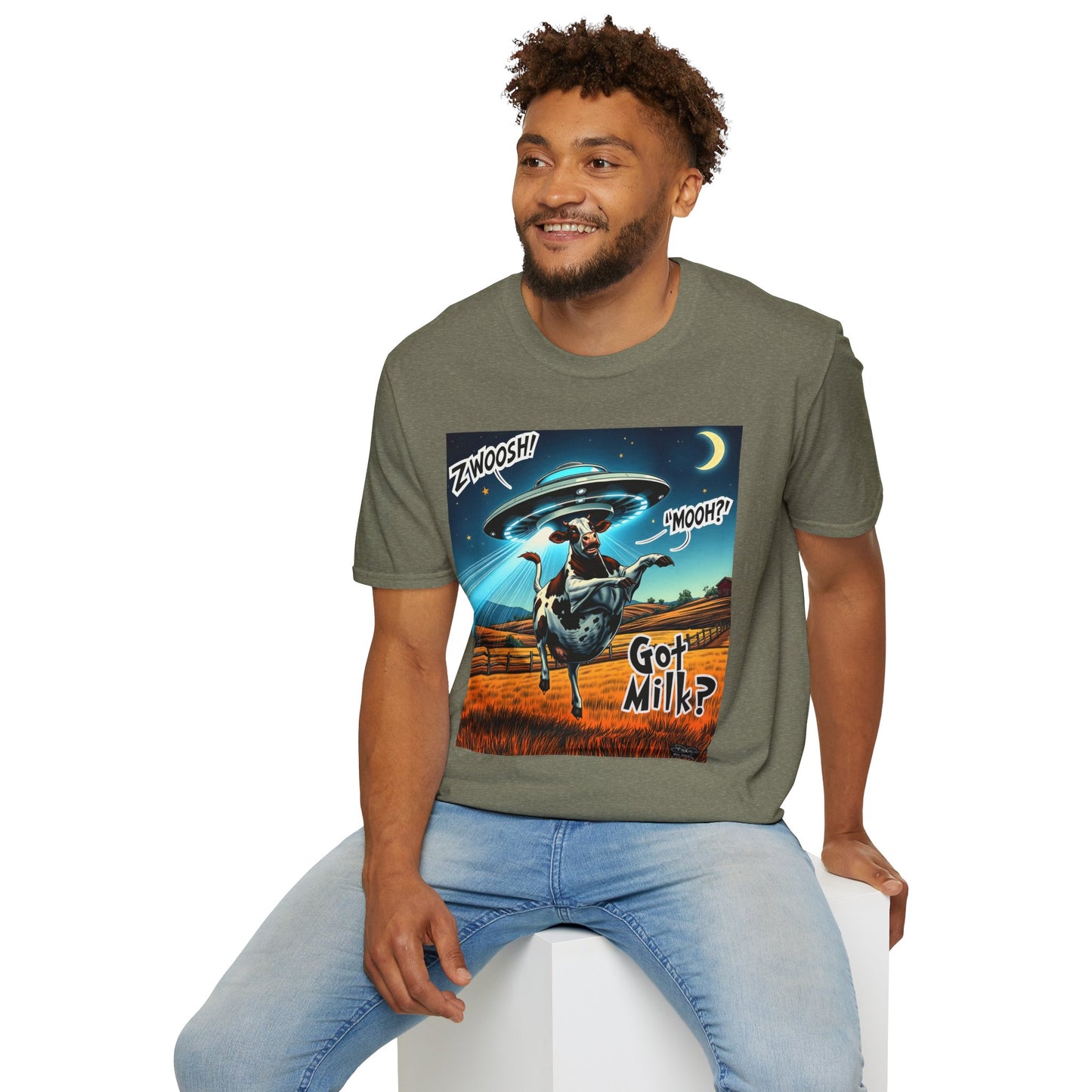 Funny Alien Cow T-Shirt - Got Milk? Unisex Soft style graphic Tee, UFO, galaxies, space, Blackhole, graphic design, png, sublimation