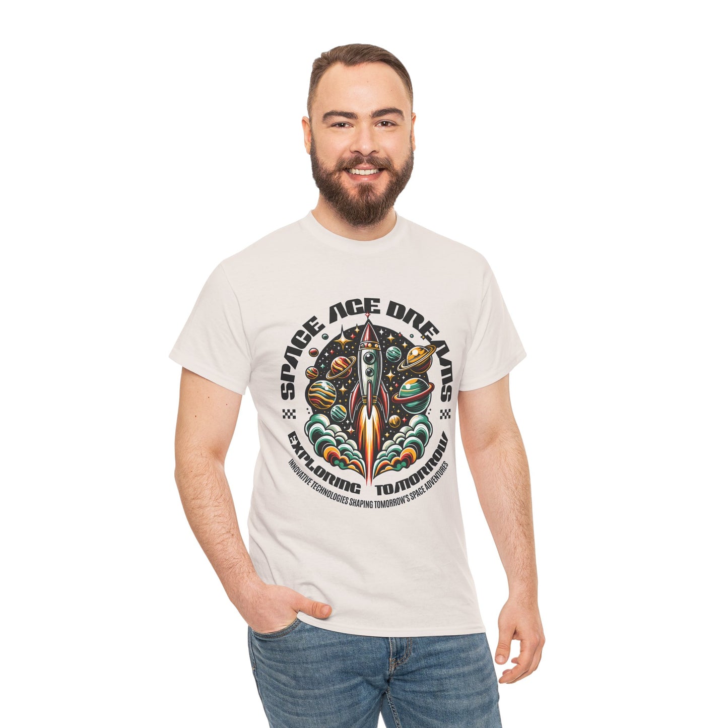 Space Age Dreams, Unisex Heavy Cotton Tee - Retro Rocket Design for Space Lovers, graphic design, png