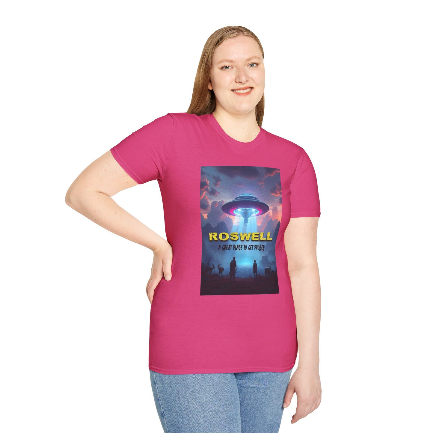 Roswell Probed Retro T-Shirt - Alien UFO Lover Gift, Sci-Fi Apparel, Extraterrestrial Tee, Unisex Softstyle Clothing, graphic design, png