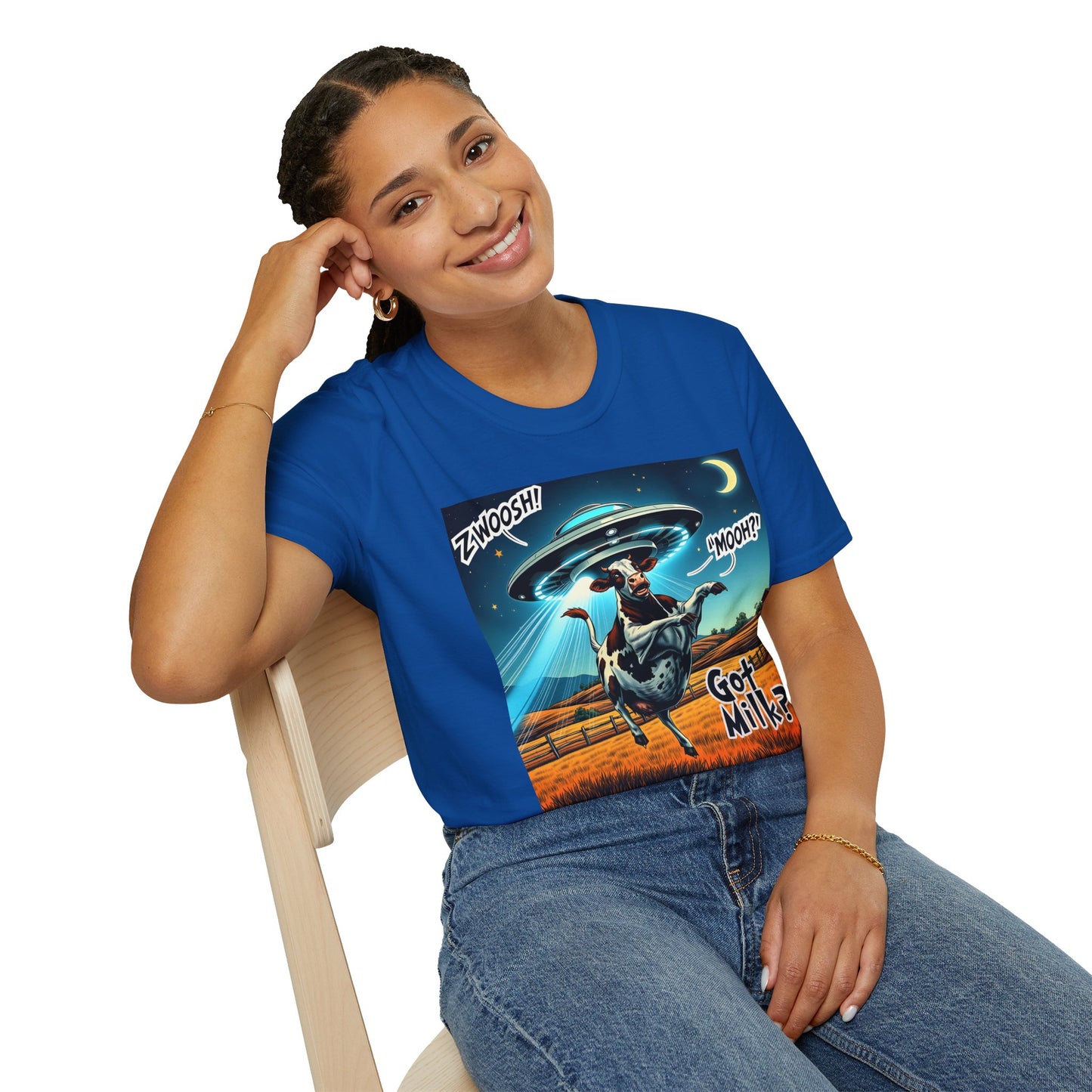 Funny Alien Cow T-Shirt - Got Milk? Unisex Soft style graphic Tee, UFO, galaxies, space, Blackhole, graphic design, png, sublimation