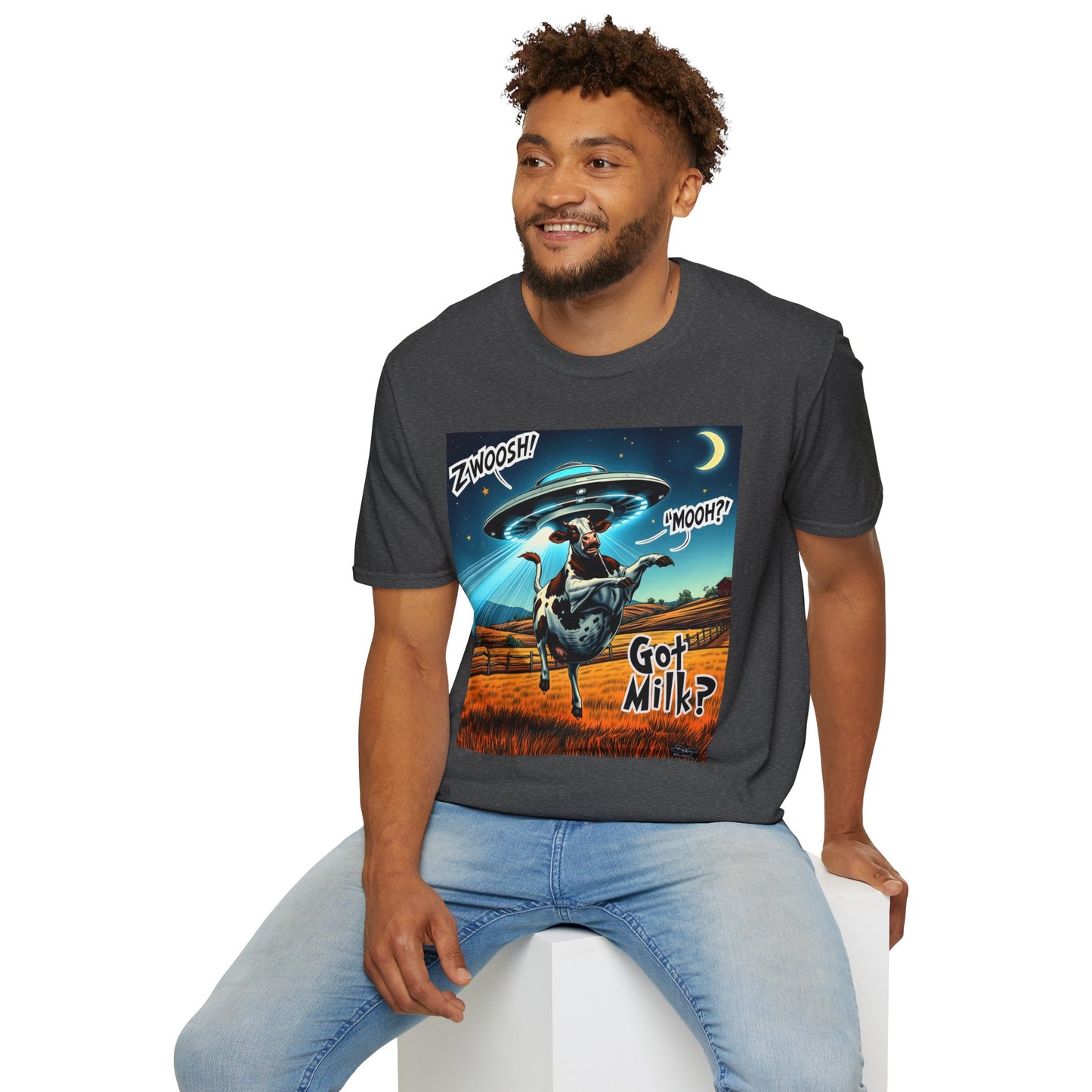 Funny Alien Cow T-Shirt - Got Milk? Unisex Soft style graphic Tee, UFO, galaxies, space, Blackhole, graphic design, png, sublimation