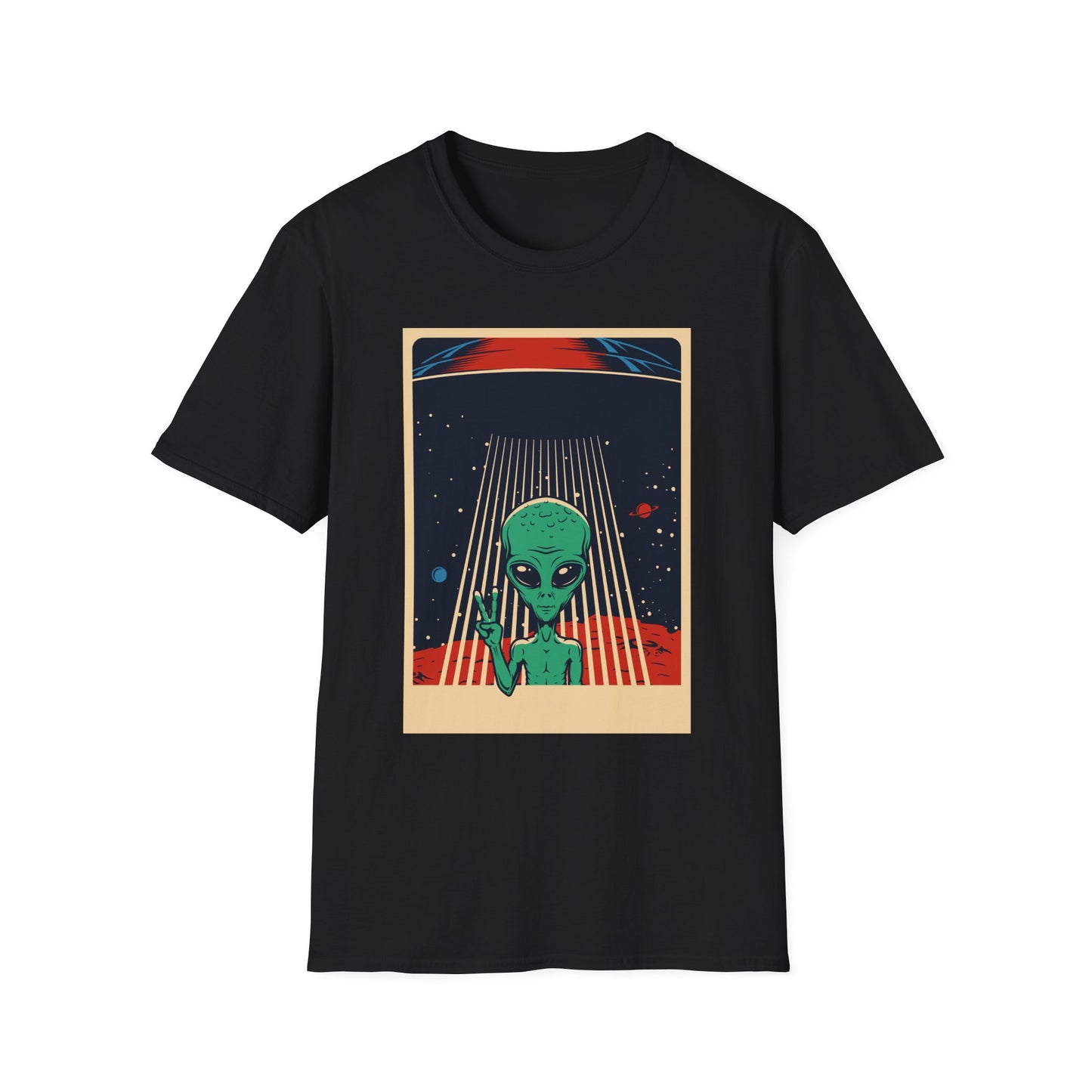 Cosmic Alien Peace Unisex Softstyle T-Shirt, Vintage UFO Tee, Space Lover Gift, Sci-Fi Fan Shirt, Trendy Graphic Tee, GraphicTees, t-shirts
