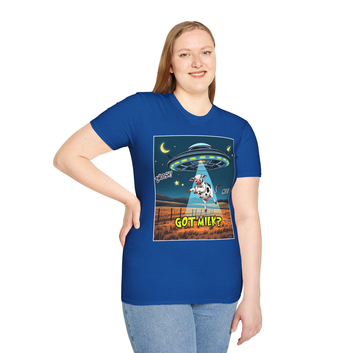 Got Milk? Cow UFO Unisex Softstyle T-Shirt – Fun Graphic Tee for Dairy Lovers, graphic tees, t-shirt, tshirt, graphic design, png