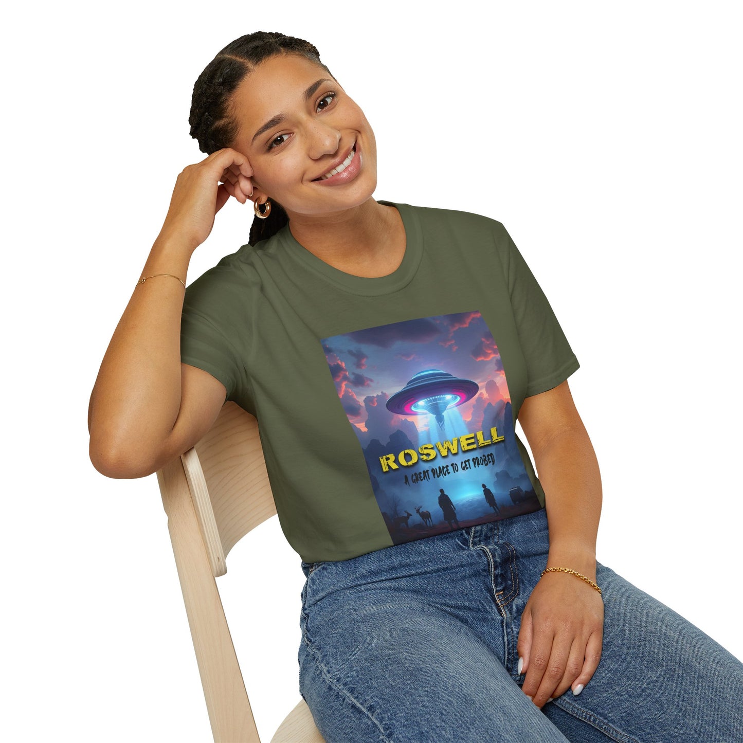 Roswell Probed Retro T-Shirt - Alien UFO Lover Gift, Sci-Fi Apparel, Extraterrestrial Tee, Unisex Softstyle Clothing, graphic design, png