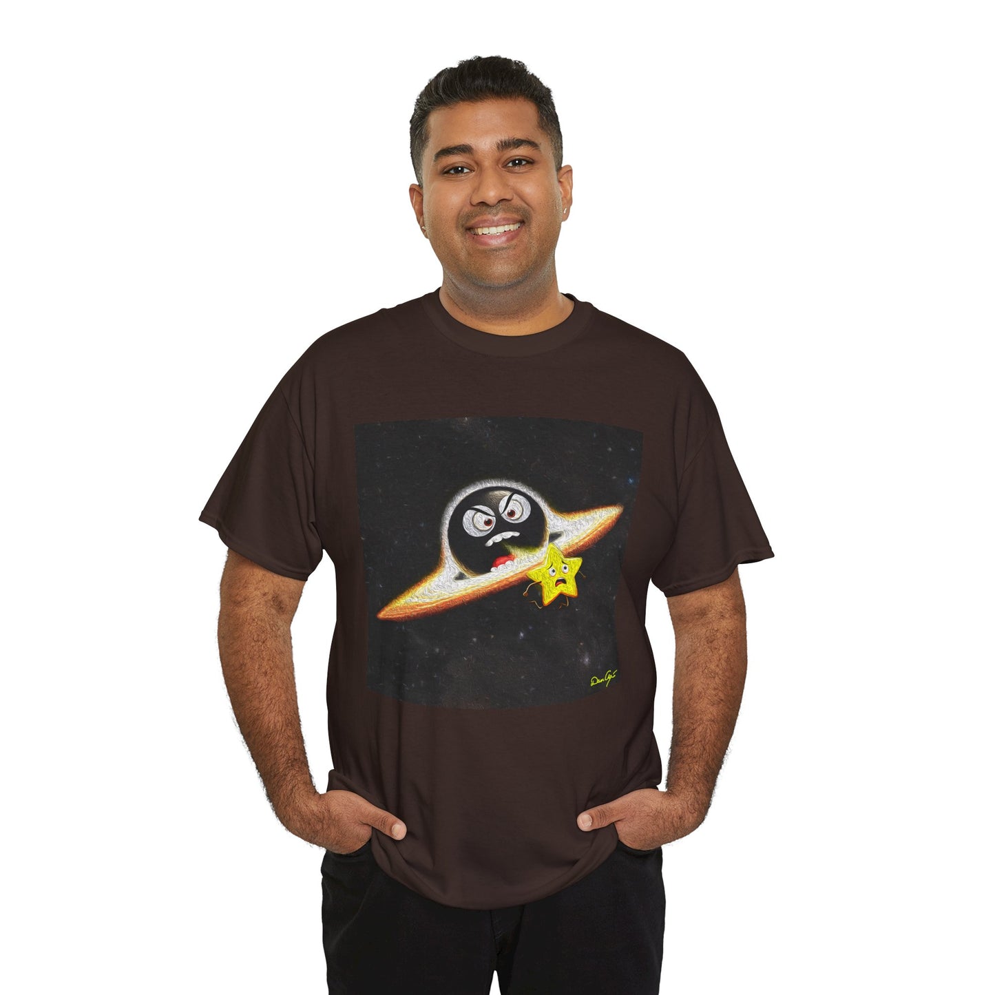 BlackHole Chasing Star, Space-Themed Unisex Heavy Cotton Tee with Cartoon Penguin Design, graphic design, png