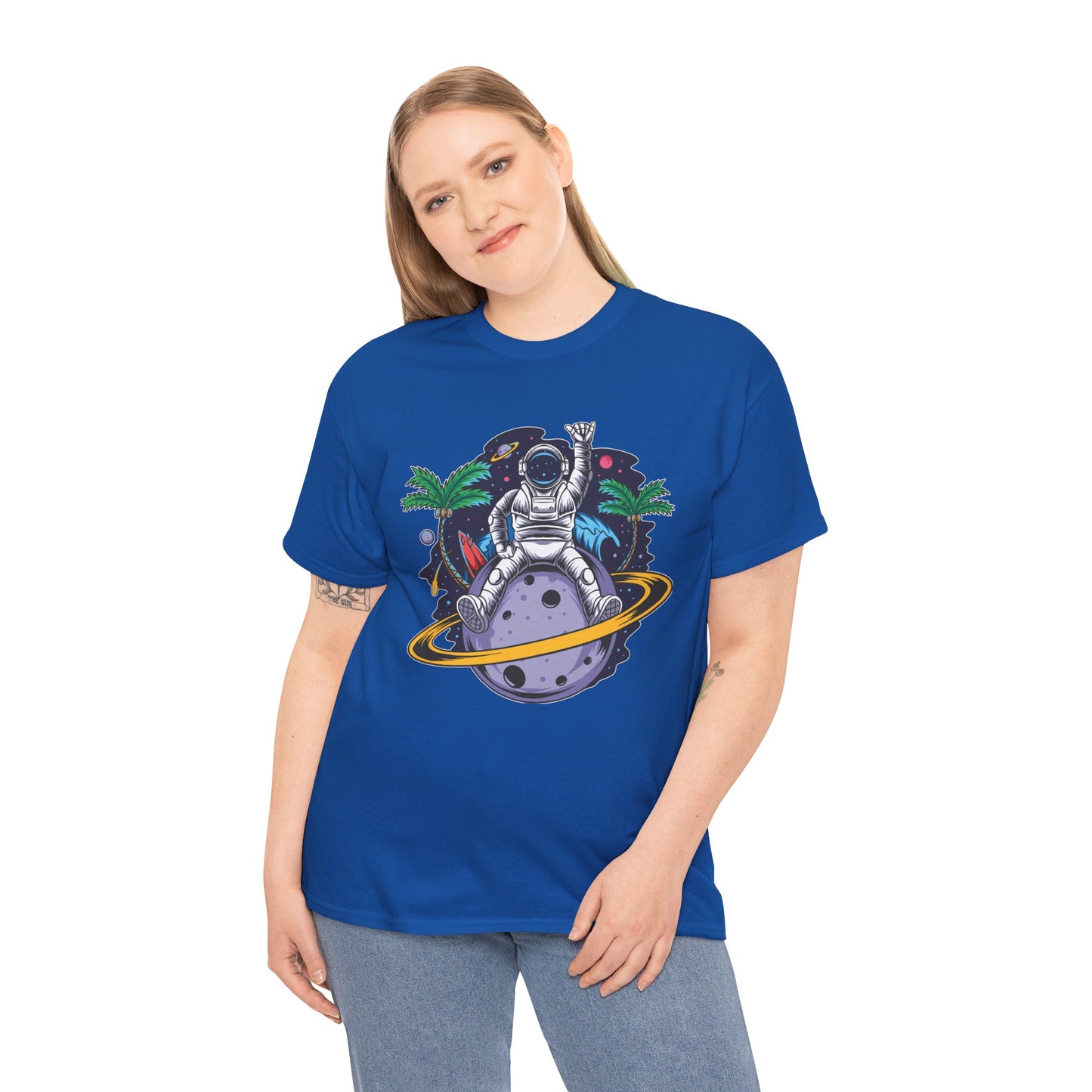 Cosmic Adventure, Unisex Heavy Cotton Tee - Astronaut & Planet Design, graphic design, png, art