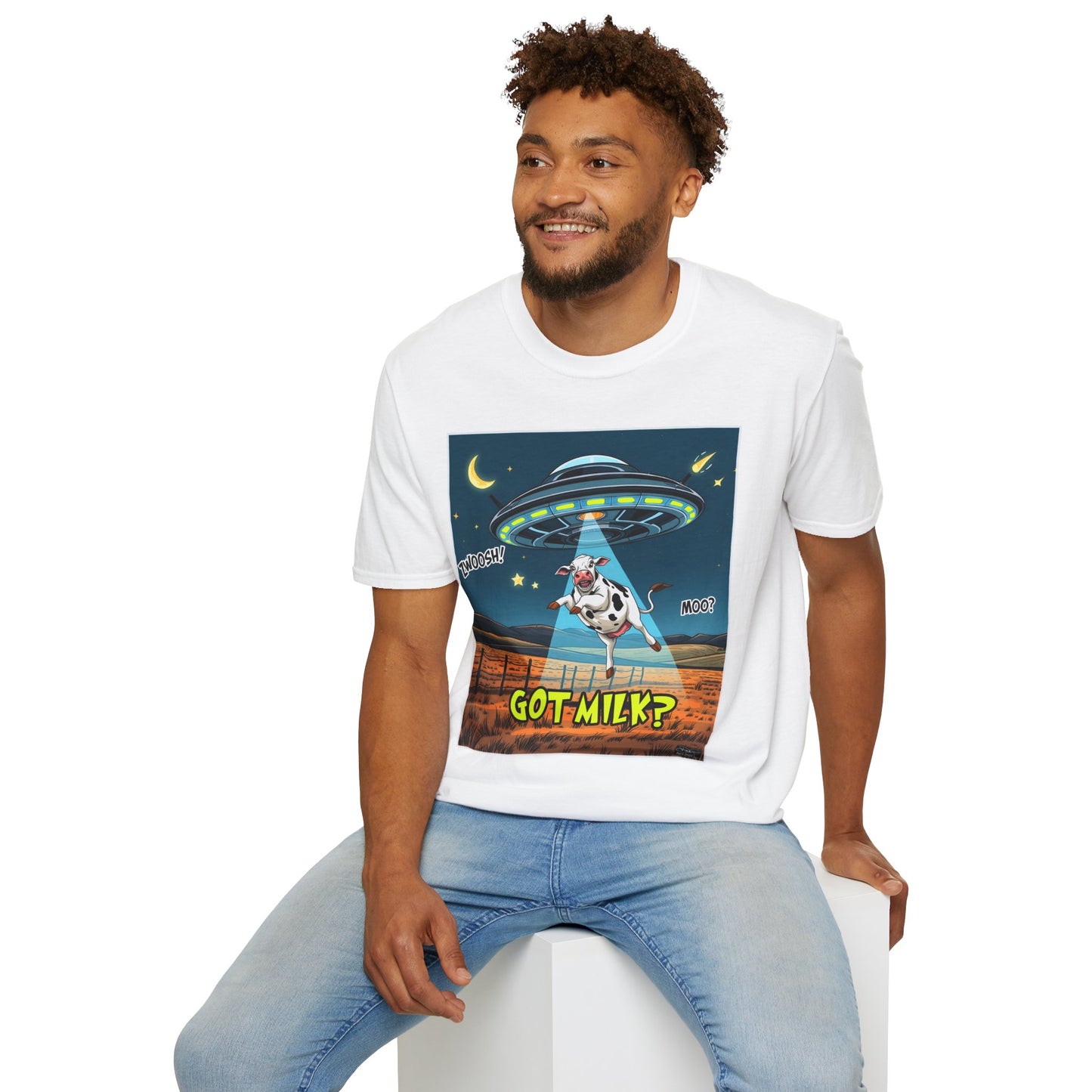 Got Milk? Cow UFO Unisex Softstyle T-Shirt – Fun Graphic Tee for Dairy Lovers, graphic tees, t-shirt, tshirt, graphic design, png
