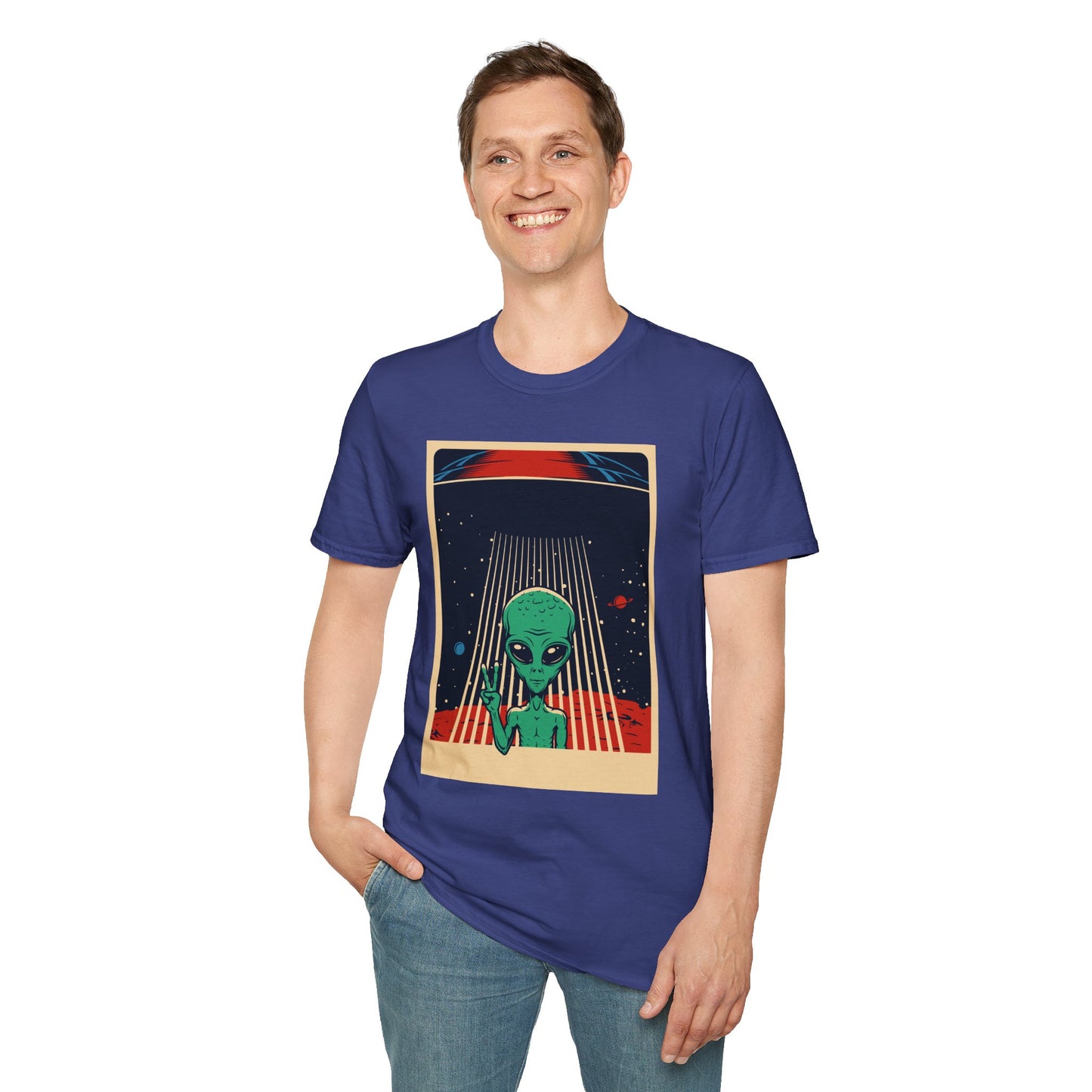 Cosmic Alien Peace Unisex Softstyle T-Shirt, Vintage UFO Tee, Space Lover Gift, Sci-Fi Fan Shirt, Trendy Graphic Tee, GraphicTees, t-shirts