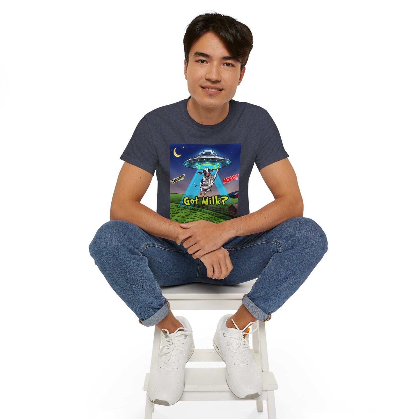 Got Milk? Funny Unisex Ultra Cotton Tee - Humorous Cow and UFO Design, graphic tee, t-shirts, tshirt, png, sublimation