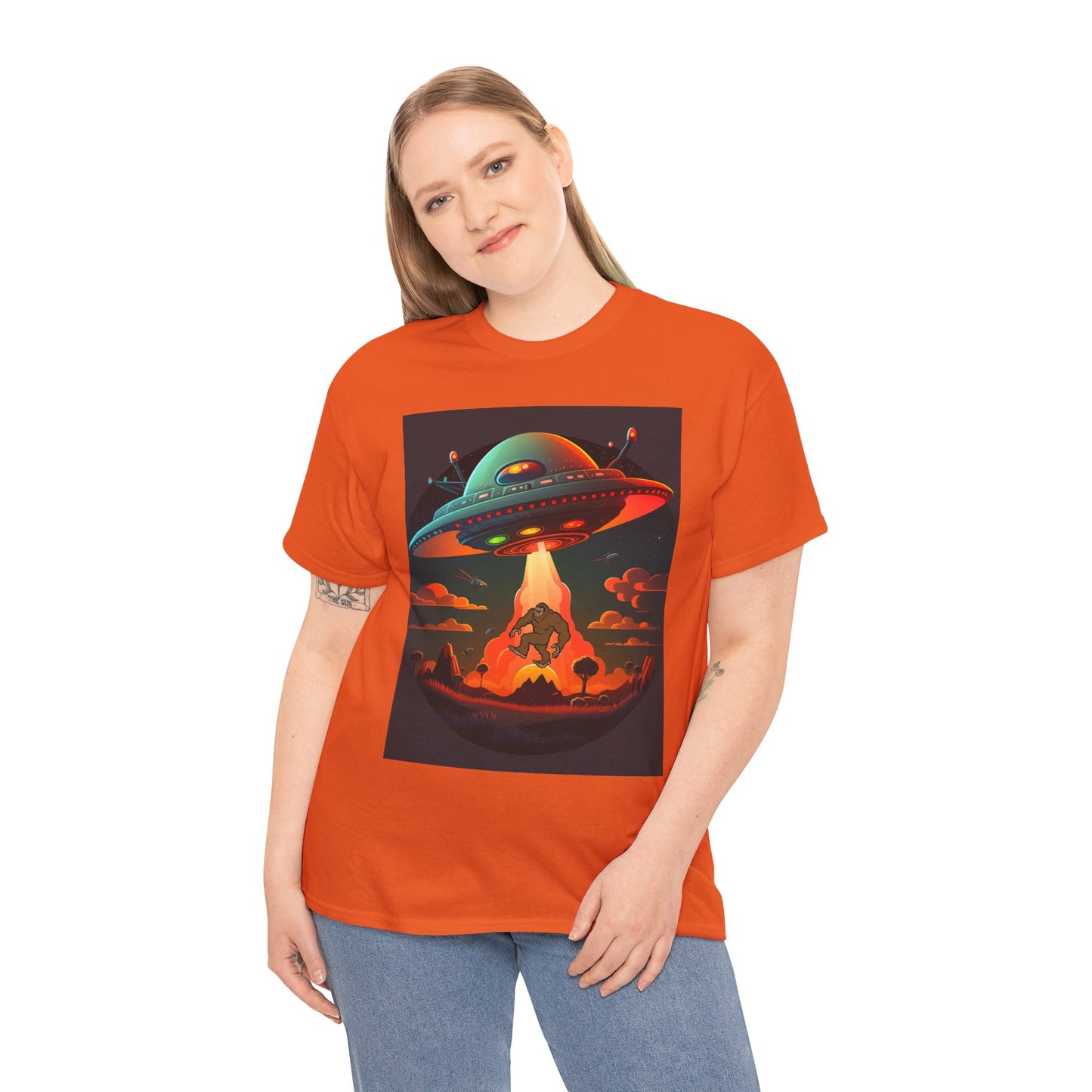 UFO, Bigfoot, Unisex Heavy Cotton Tee, graphic design, t-shirt, t-shirts, tshirts, png