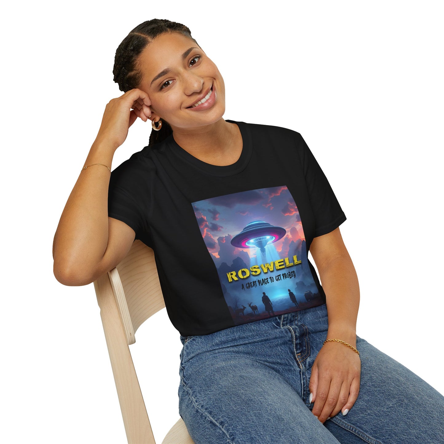 Roswell Probed Retro T-Shirt - Alien UFO Lover Gift, Sci-Fi Apparel, Extraterrestrial Tee, Unisex Softstyle Clothing, graphic design, png