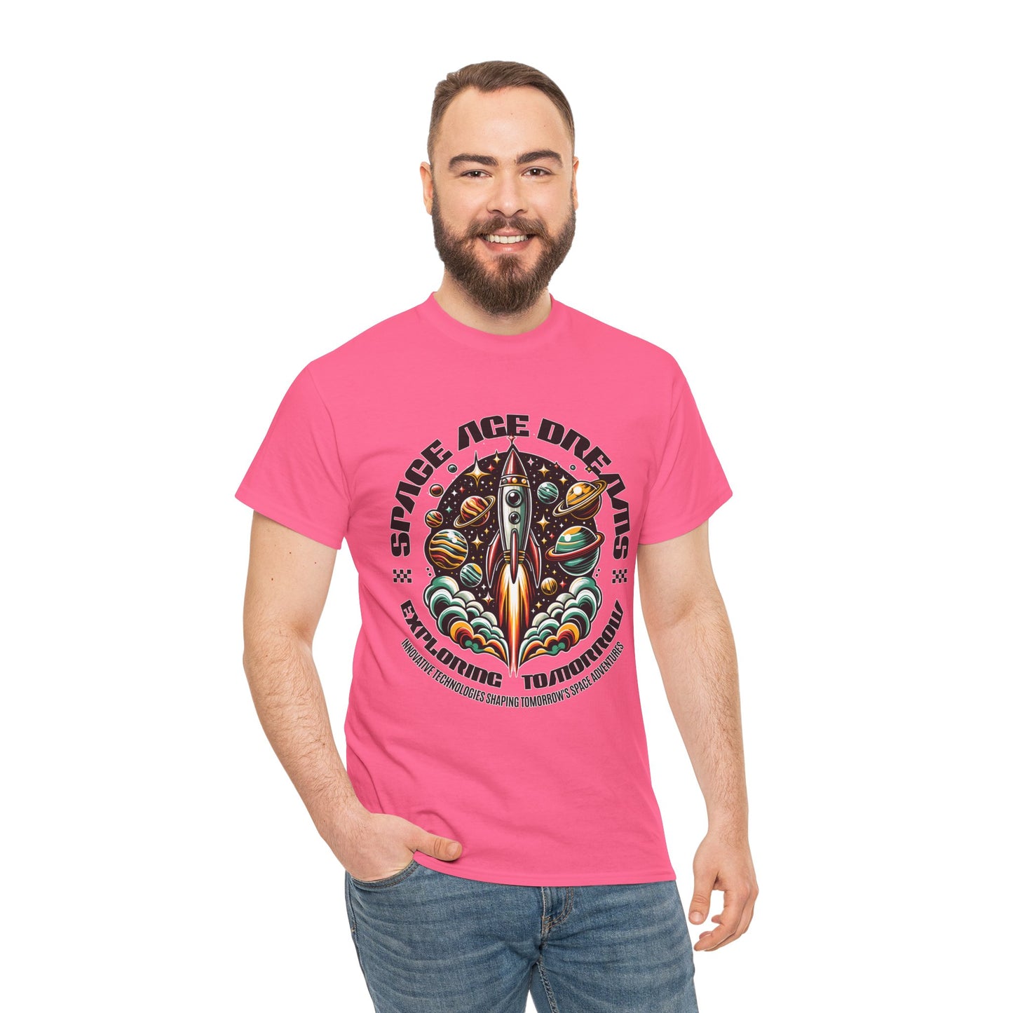 Space Age Dreams, Unisex Heavy Cotton Tee - Retro Rocket Design for Space Lovers, graphic design, png