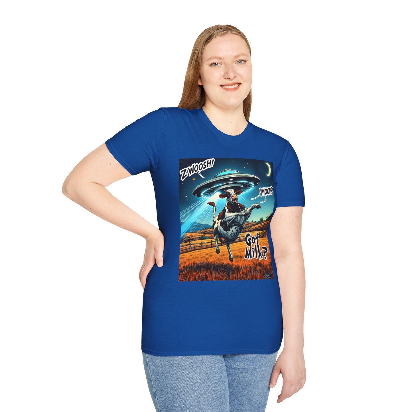 Funny Alien Cow T-Shirt - Got Milk? Unisex Soft style graphic Tee, UFO, galaxies, space, Blackhole, graphic design, png, sublimation