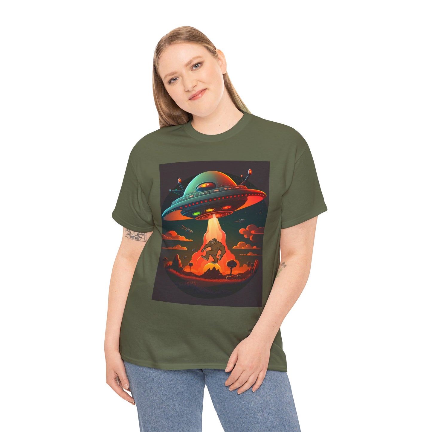 UFO, Bigfoot, Unisex Heavy Cotton Tee, graphic design, t-shirt, t-shirts, tshirts, png