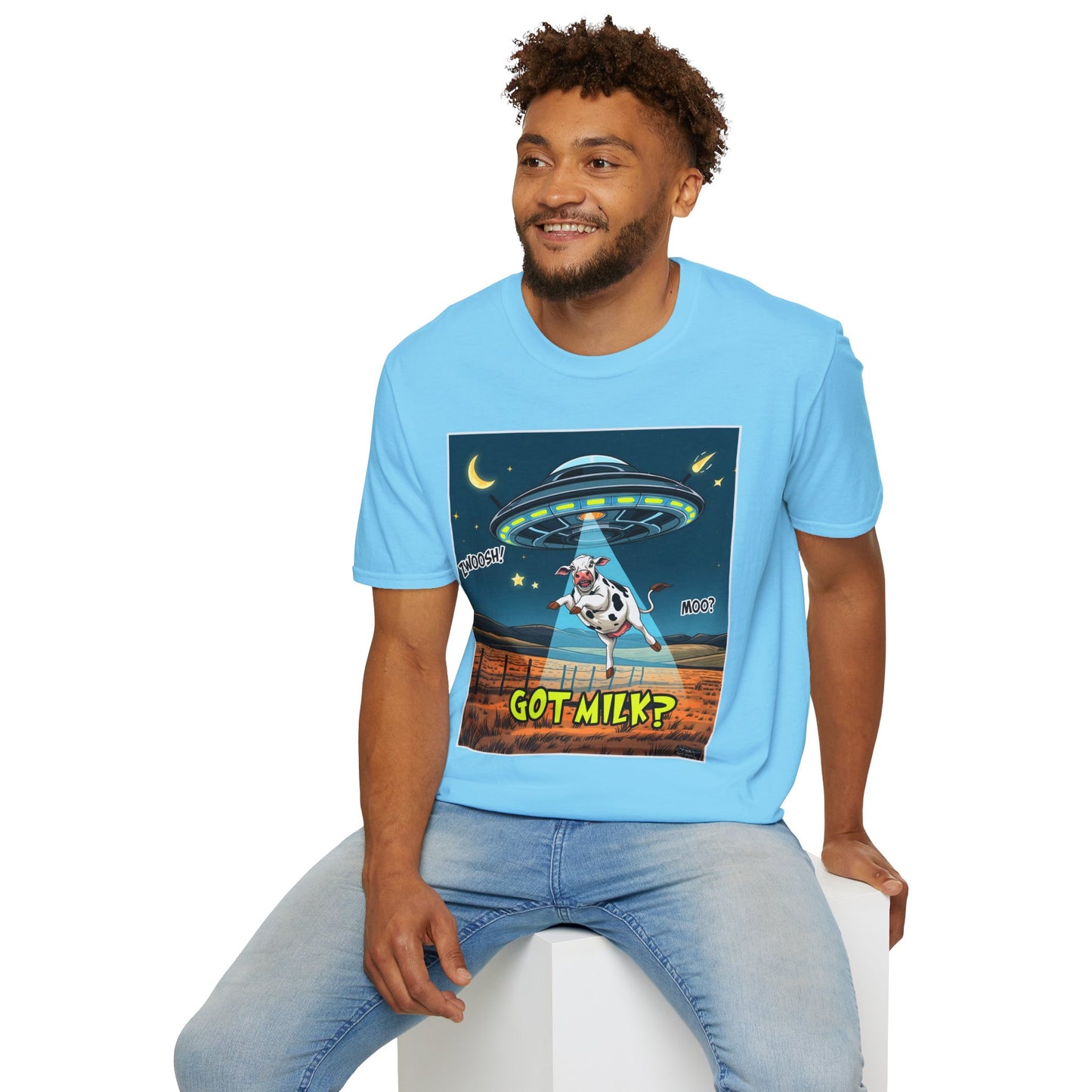 Got Milk? Cow UFO Unisex Softstyle T-Shirt – Fun Graphic Tee for Dairy Lovers, graphic tees, t-shirt, tshirt, graphic design, png