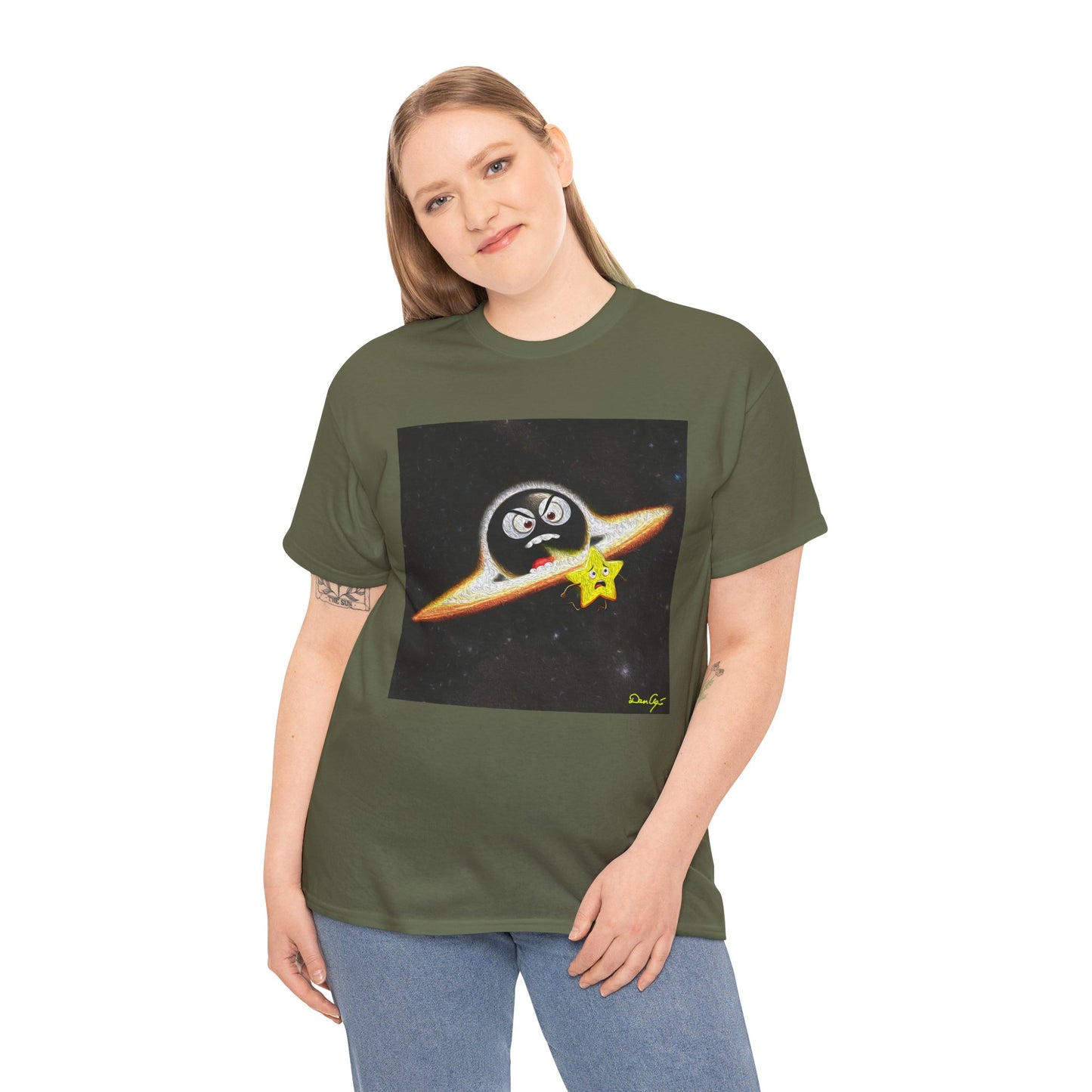 BlackHole Chasing Star, Space-Themed Unisex Heavy Cotton Tee with Cartoon Penguin Design, graphic design, png