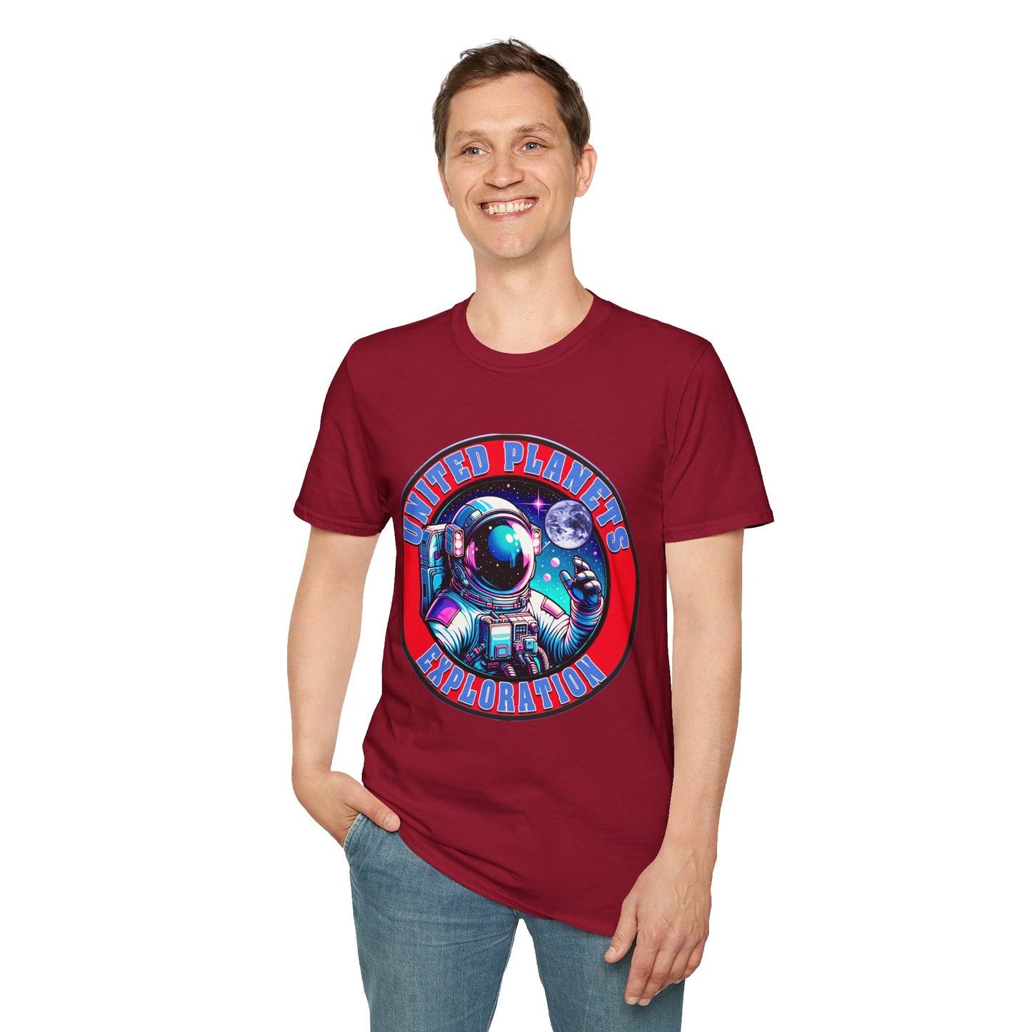 United Planets Exploration Astronaut T-Shirt, Science Themed Tee, Outer Space Shirt for Gift, Birthday, Unisex Softstyle Apparel