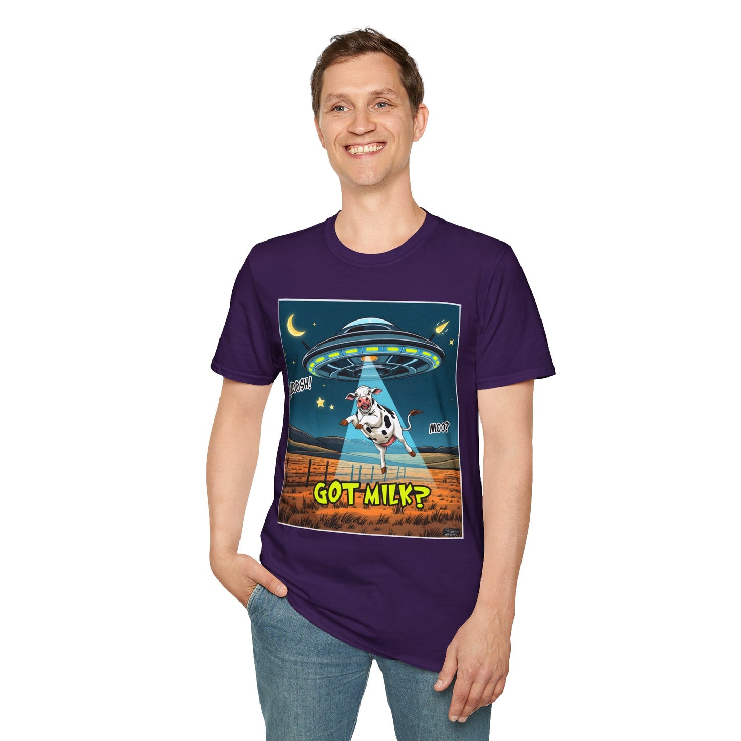 Got Milk? Cow UFO Unisex Softstyle T-Shirt – Fun Graphic Tee for Dairy Lovers, graphic tees, t-shirt, tshirt, graphic design, png