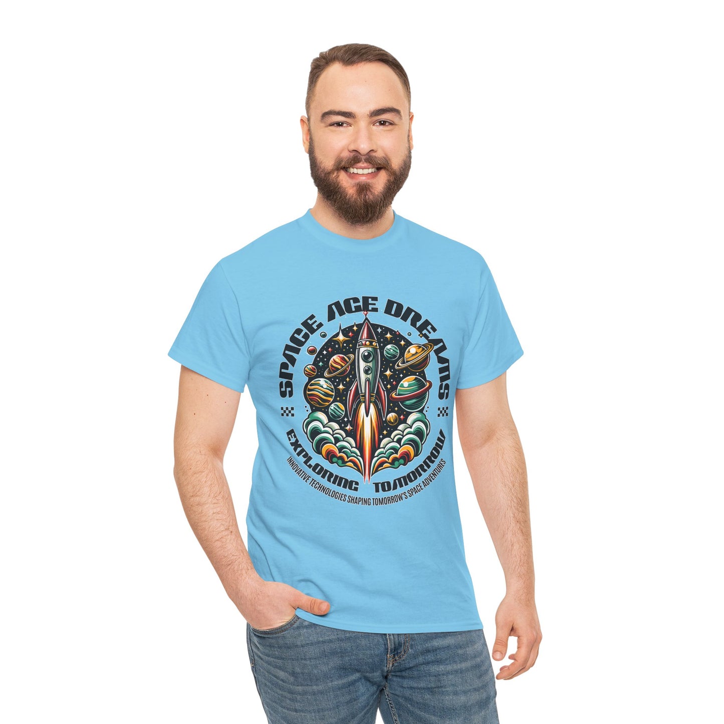 Space Age Dreams, Unisex Heavy Cotton Tee - Retro Rocket Design for Space Lovers, graphic design, png