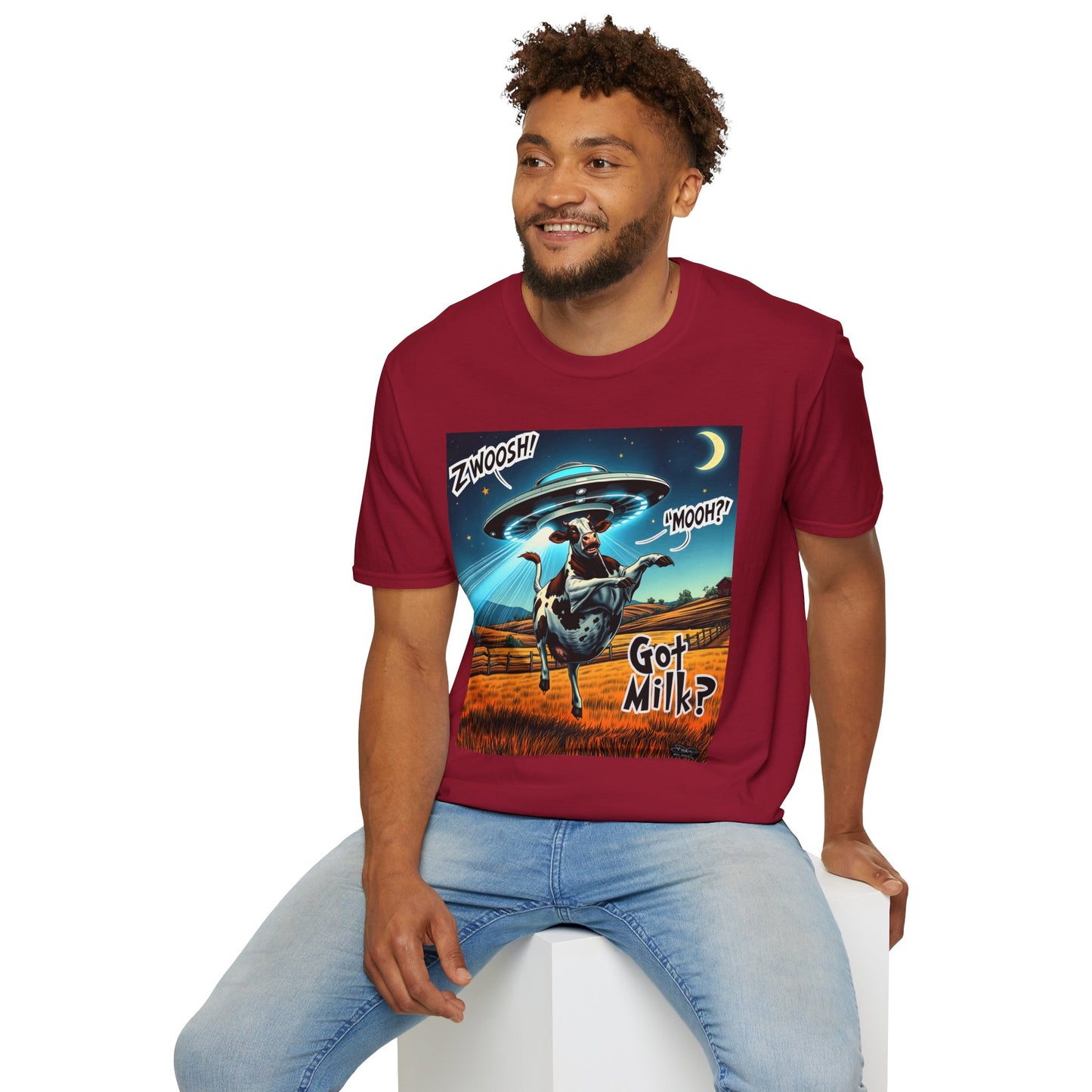 Funny Alien Cow T-Shirt - Got Milk? Unisex Soft style graphic Tee, UFO, galaxies, space, Blackhole, graphic design, png, sublimation