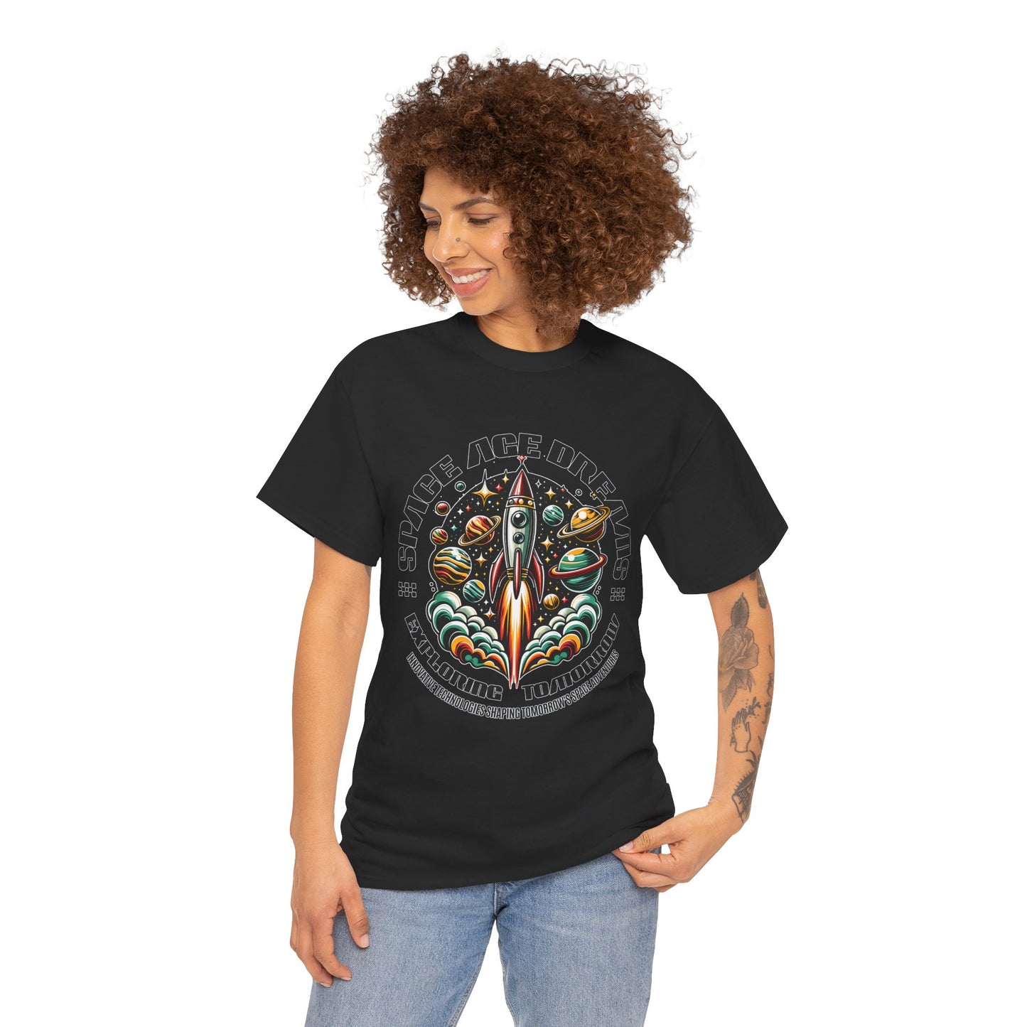 Space Age Dreams, Unisex Heavy Cotton Tee - Retro Rocket Design for Space Lovers, graphic design, png
