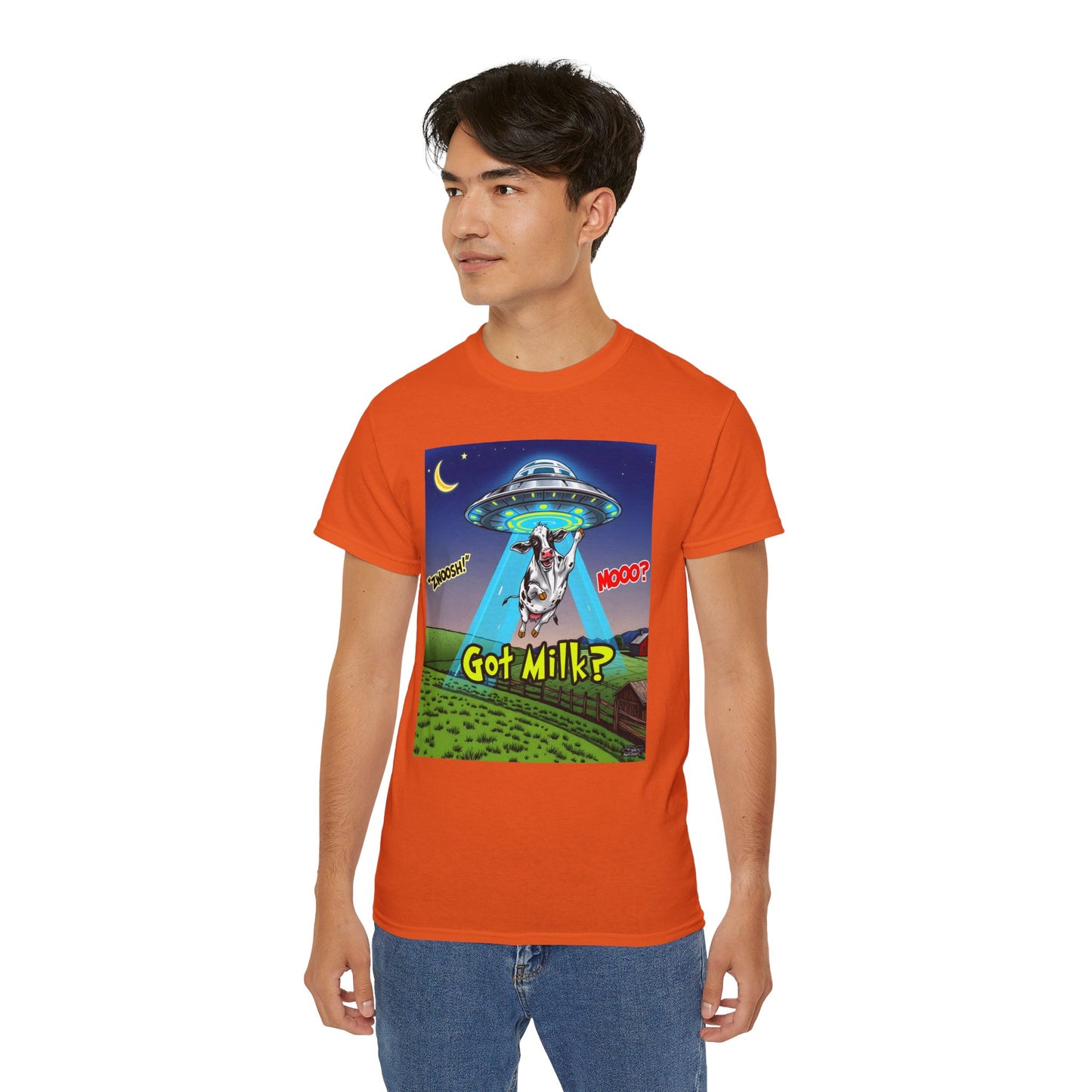 Got Milk? Funny Unisex Ultra Cotton Tee - Humorous Cow and UFO Design, graphic tee, t-shirts, tshirt, png, sublimation