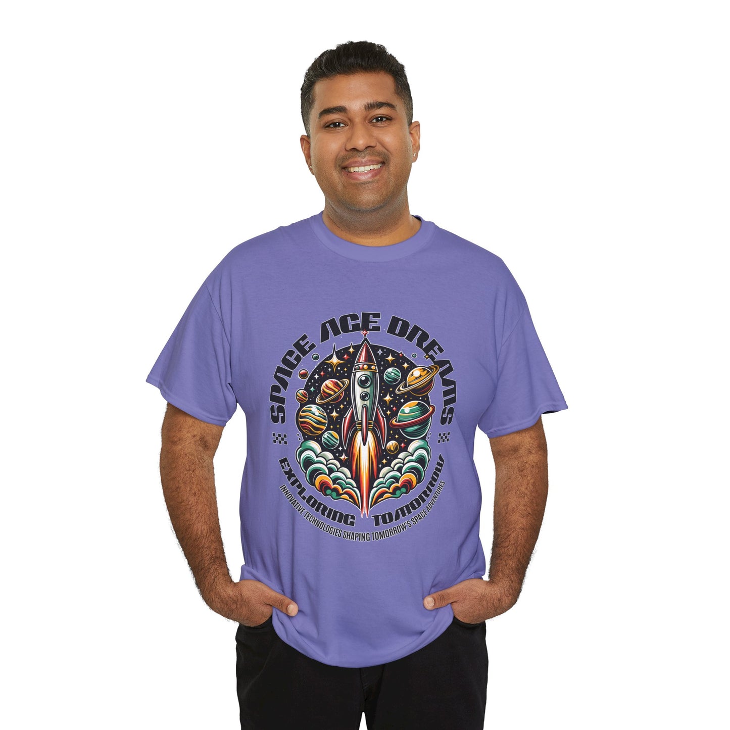 Space Age Dreams, Unisex Heavy Cotton Tee - Retro Rocket Design for Space Lovers, graphic design, png