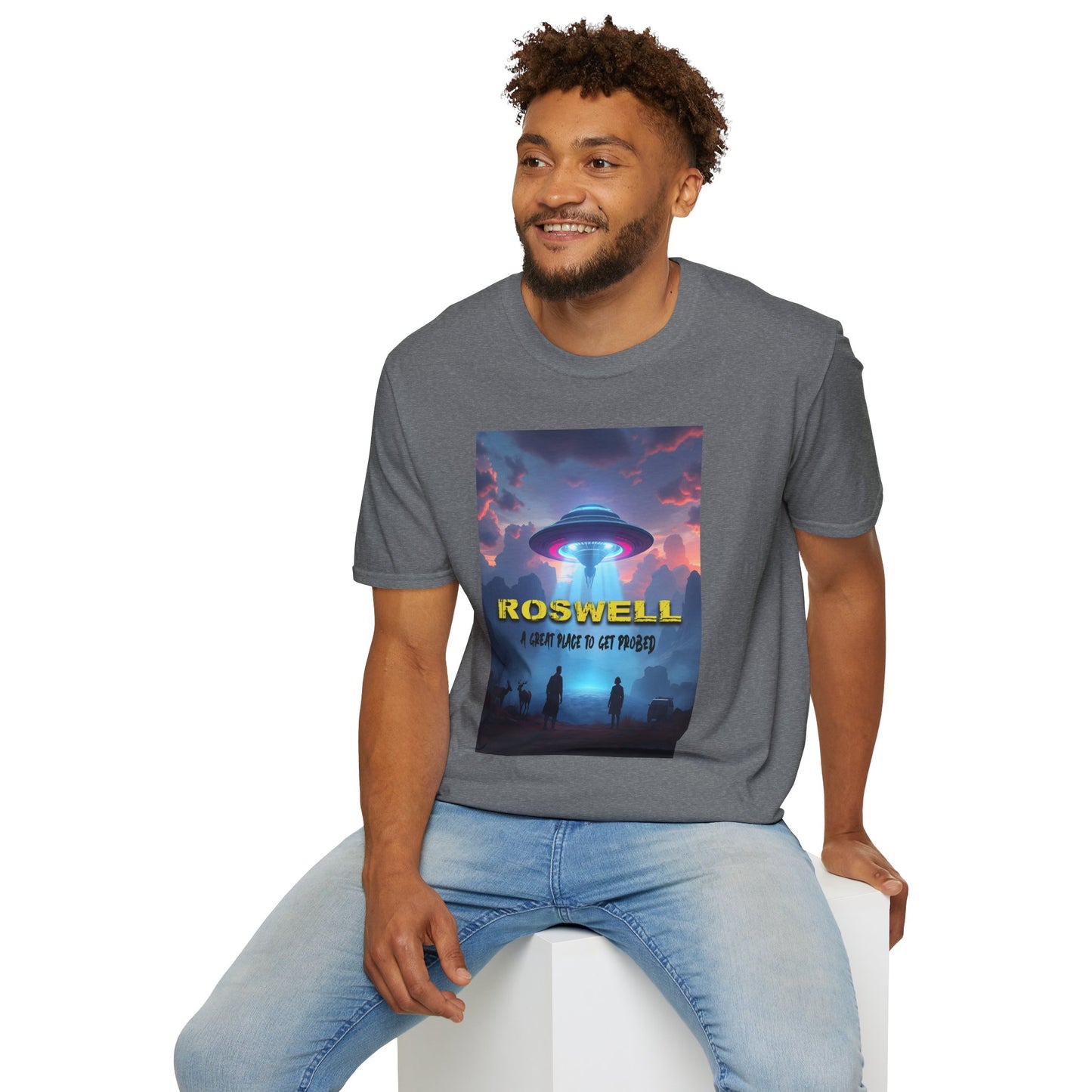 Roswell Probed Retro T-Shirt - Alien UFO Lover Gift, Sci-Fi Apparel, Extraterrestrial Tee, Unisex Softstyle Clothing, graphic design, png