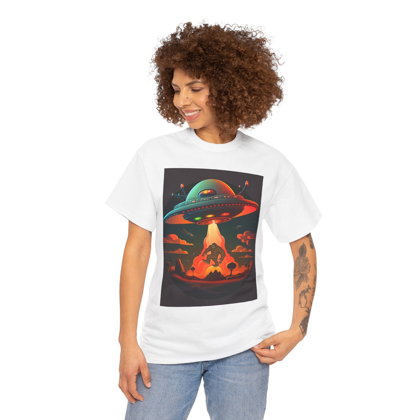 UFO, Bigfoot, Unisex Heavy Cotton Tee, graphic design, t-shirt, t-shirts, tshirts, png