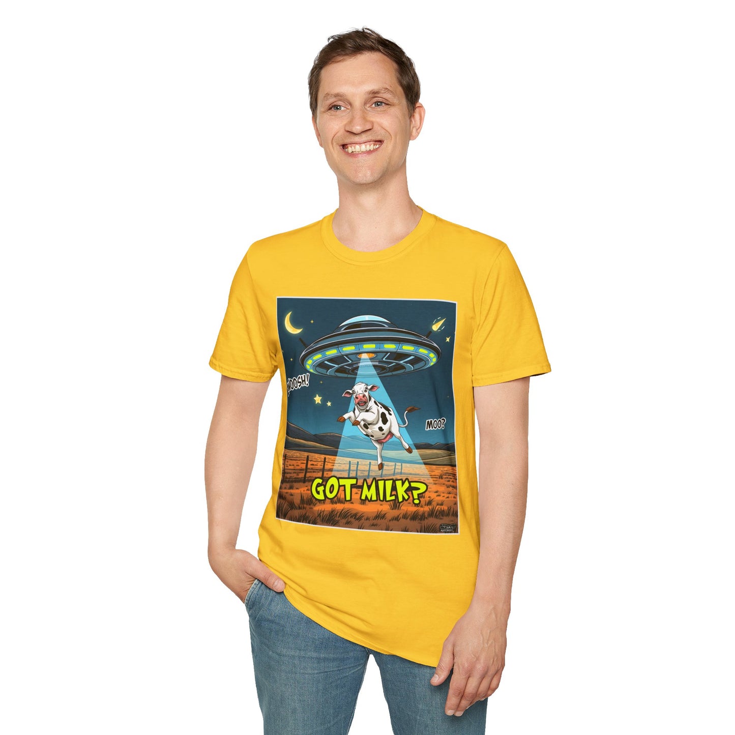 Got Milk? Cow UFO Unisex Softstyle T-Shirt – Fun Graphic Tee for Dairy Lovers, graphic tees, t-shirt, tshirt, graphic design, png