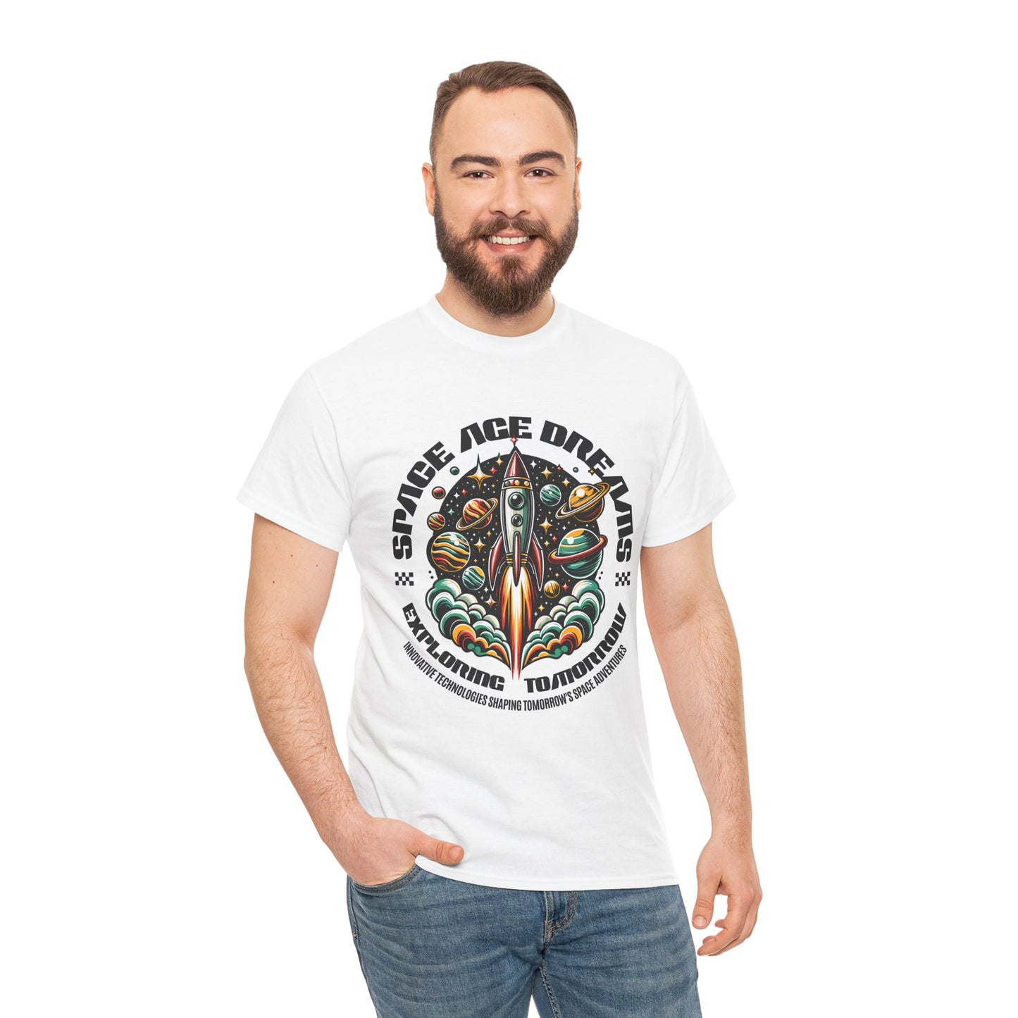 Space Age Dreams, Unisex Heavy Cotton Tee - Retro Rocket Design for Space Lovers, graphic design, png