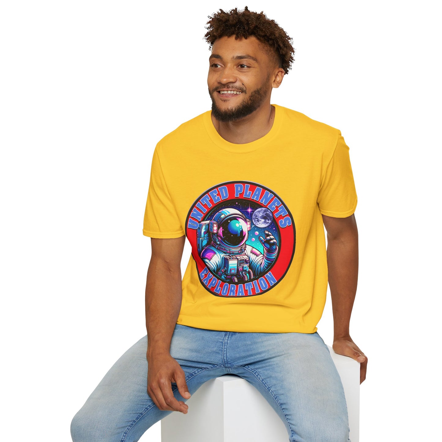United Planets Exploration Astronaut T-Shirt, Science Themed Tee, Outer Space Shirt for Gift, Birthday, Unisex Softstyle Apparel