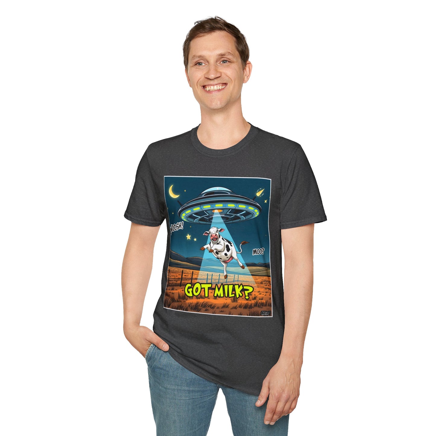 Got Milk? Cow UFO Unisex Softstyle T-Shirt – Fun Graphic Tee for Dairy Lovers, graphic tees, t-shirt, tshirt, graphic design, png