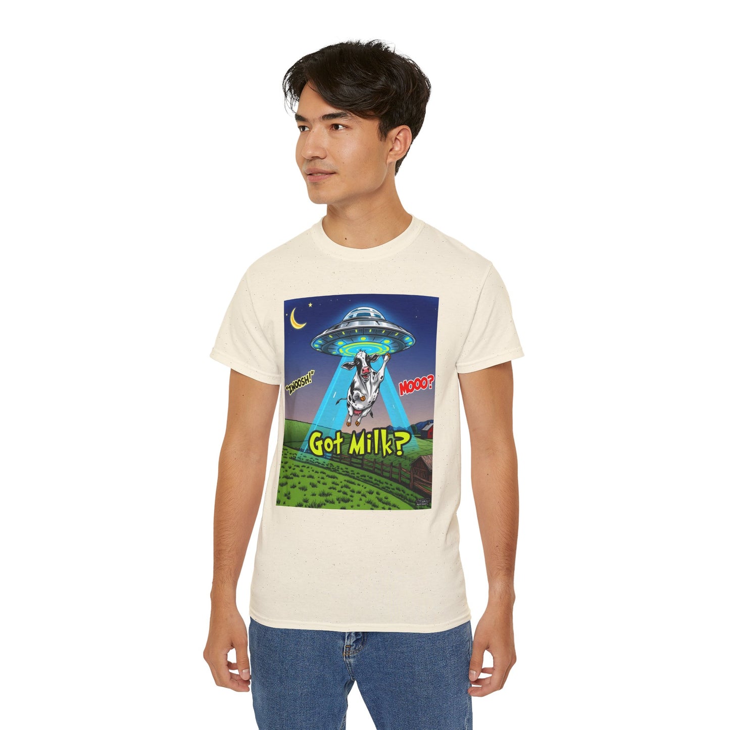Got Milk? Funny Unisex Ultra Cotton Tee - Humorous Cow and UFO Design, graphic tee, t-shirts, tshirt, png, sublimation